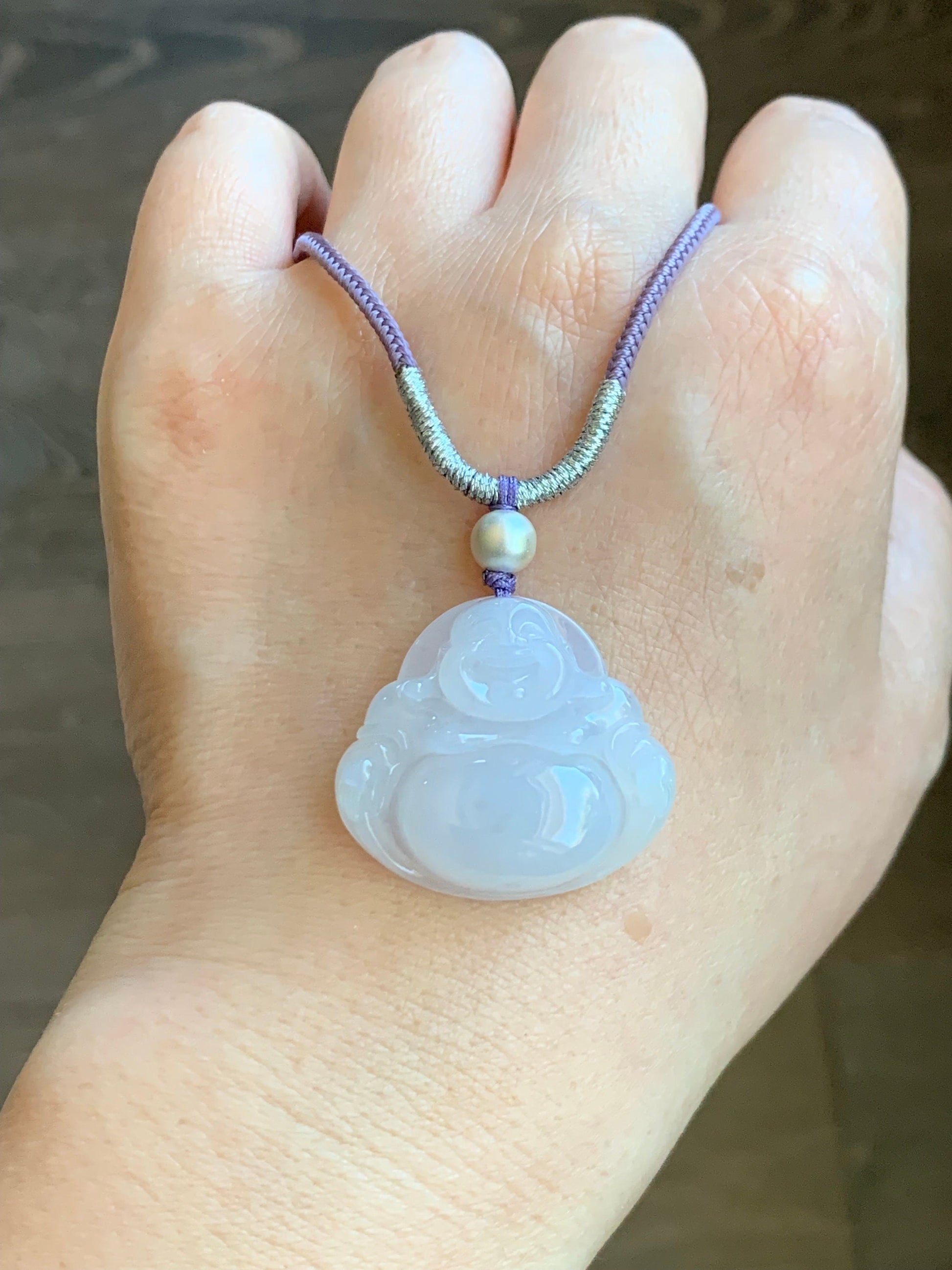 Certified Natural Burmese Icy Translucent Pale Purple Jadeite Buddha Pendant Rope Necklace Sterling Silver 23” 天然缅甸冰淡紫底翡翠佛公吊坠 7076