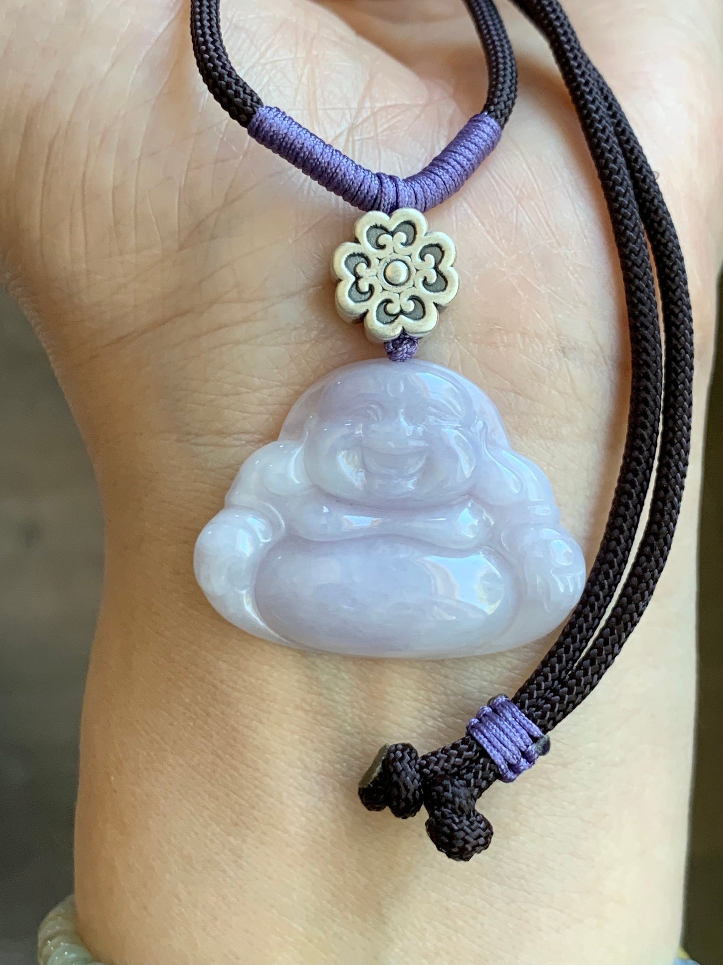 Certified Natural Burmese Icy Translucent Light Purple Jadeite Buddha Pendant Rope Necklace Sterling Silver 30” 天然缅甸冰淡紫底翡翠佛公吊坠 7075