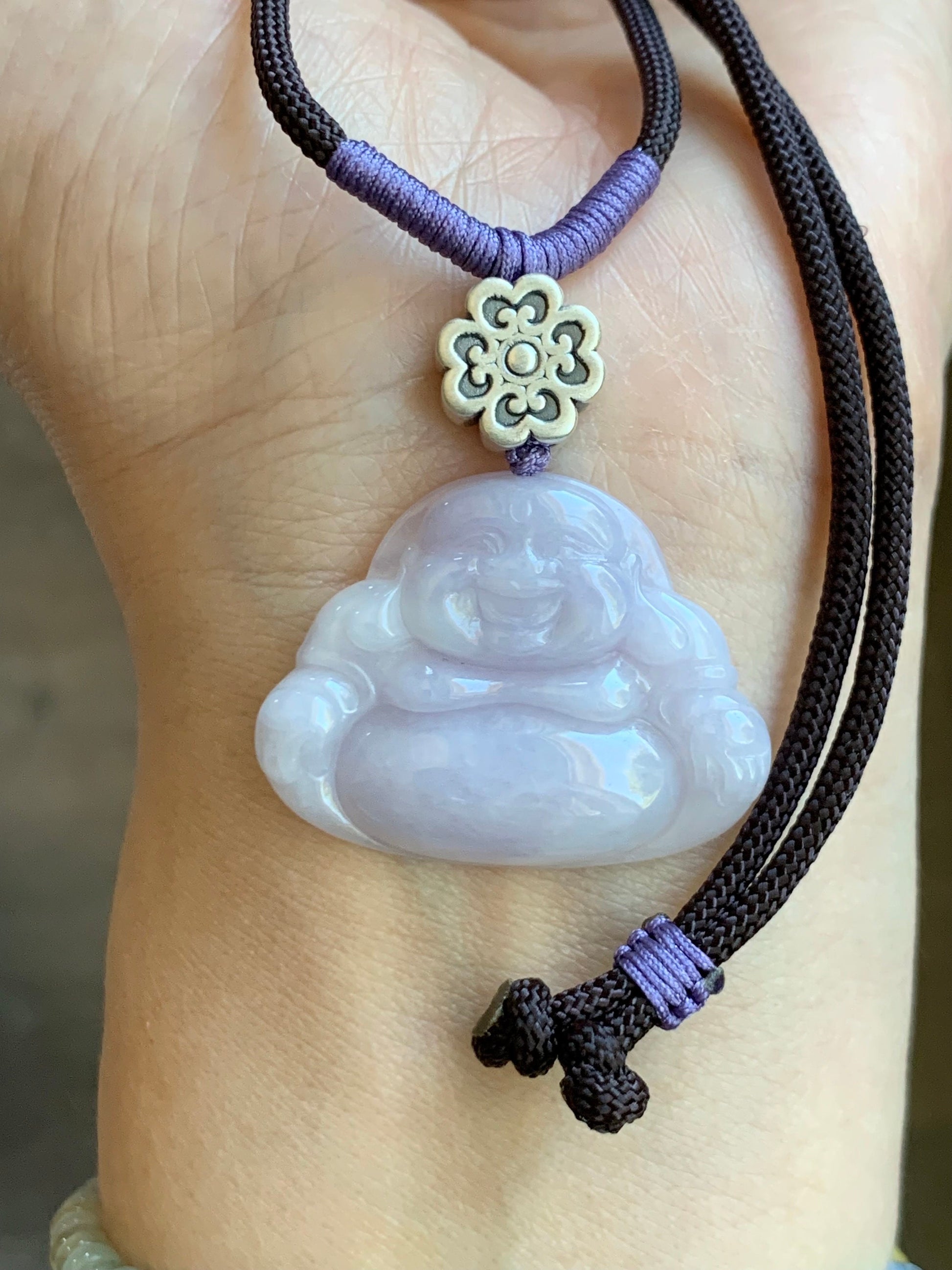 Certified Natural Burmese Icy Translucent Light Purple Jadeite Buddha Pendant Rope Necklace Sterling Silver 30” 天然缅甸冰淡紫底翡翠佛公吊坠 7075