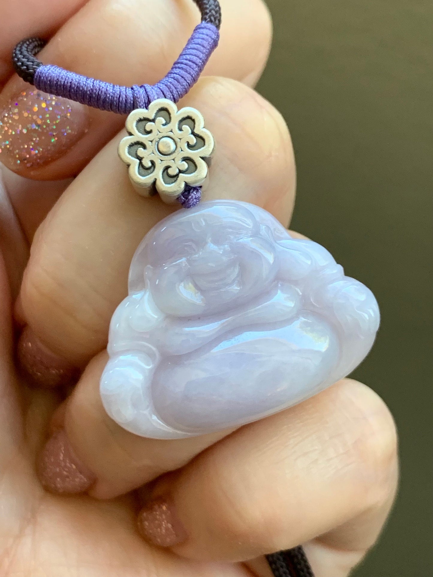 Certified Natural Burmese Icy Translucent Light Purple Jadeite Buddha Pendant Rope Necklace Sterling Silver 30” 天然缅甸冰淡紫底翡翠佛公吊坠 7075
