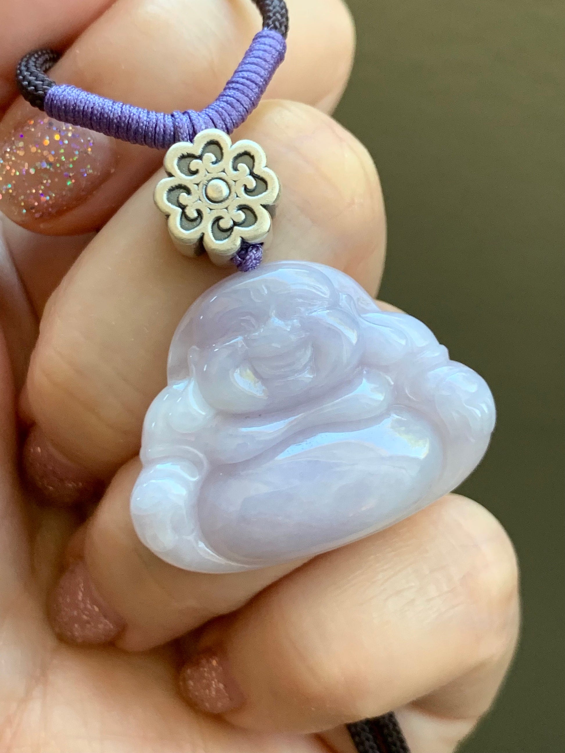 Certified Natural Burmese Icy Translucent Light Purple Jadeite Buddha Pendant Rope Necklace Sterling Silver 30” 天然缅甸冰淡紫底翡翠佛公吊坠 7075