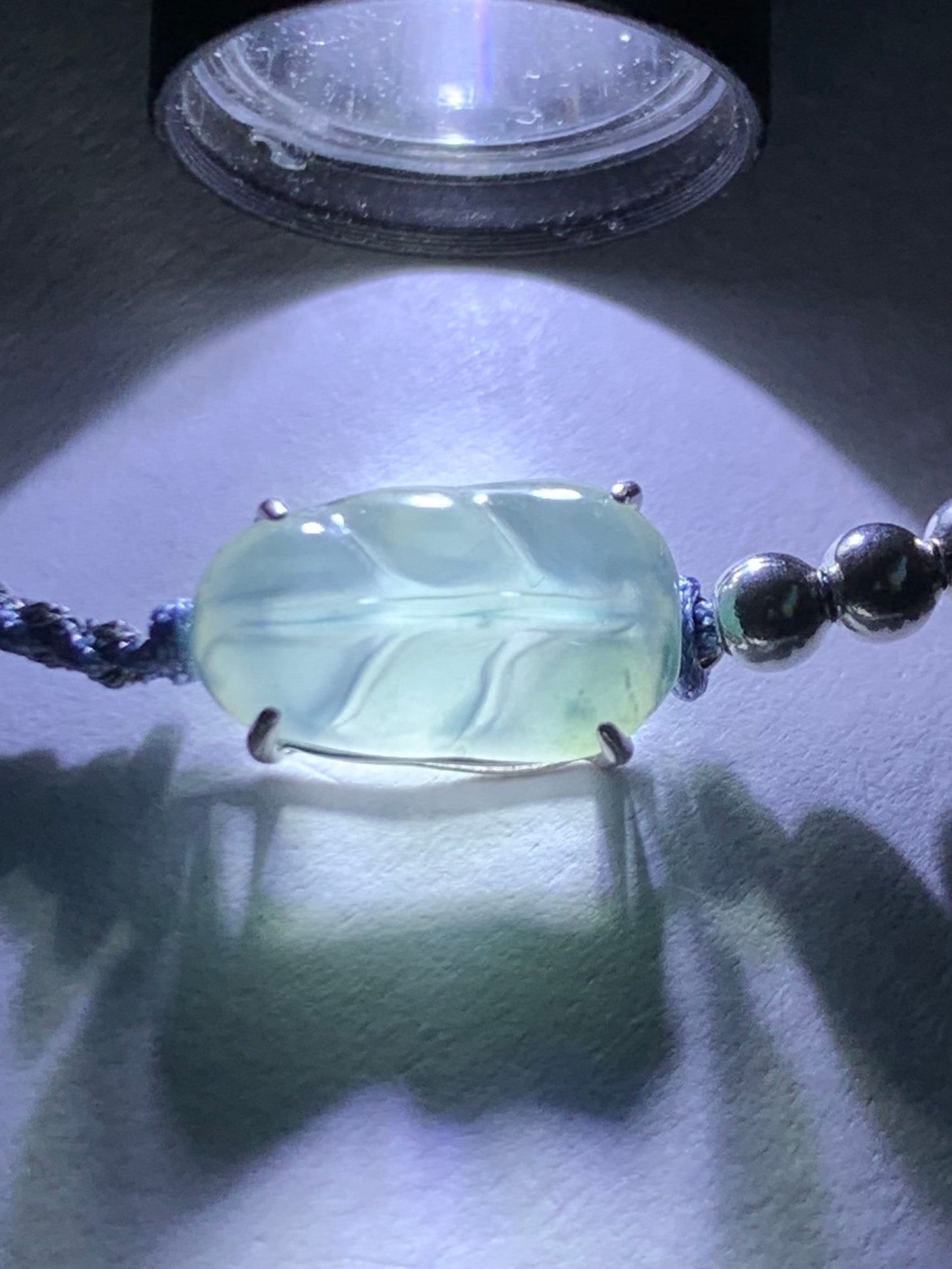 Natural Guatemalan Icy Highly Translucent Light Blue Jadeite Carved Leaf Sterling Silver Beads Rope Bracelet Adjustable 天然冰危淡蓝起光翡翠大叶有成银珠手绳