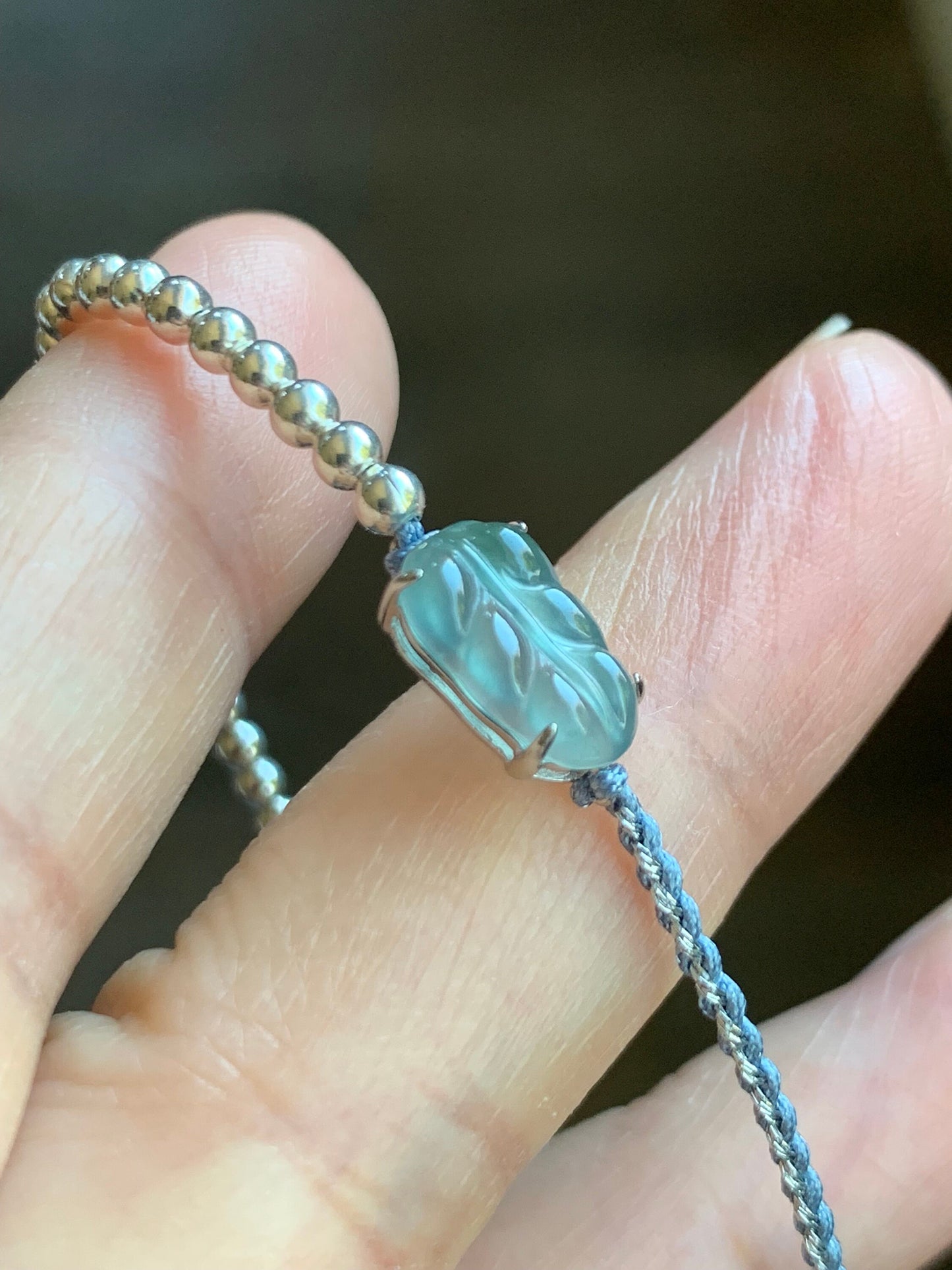 Natural Guatemalan Icy Highly Translucent Light Blue Jadeite Carved Leaf Sterling Silver Beads Rope Bracelet Adjustable 天然冰危淡蓝起光翡翠大叶有成银珠手绳