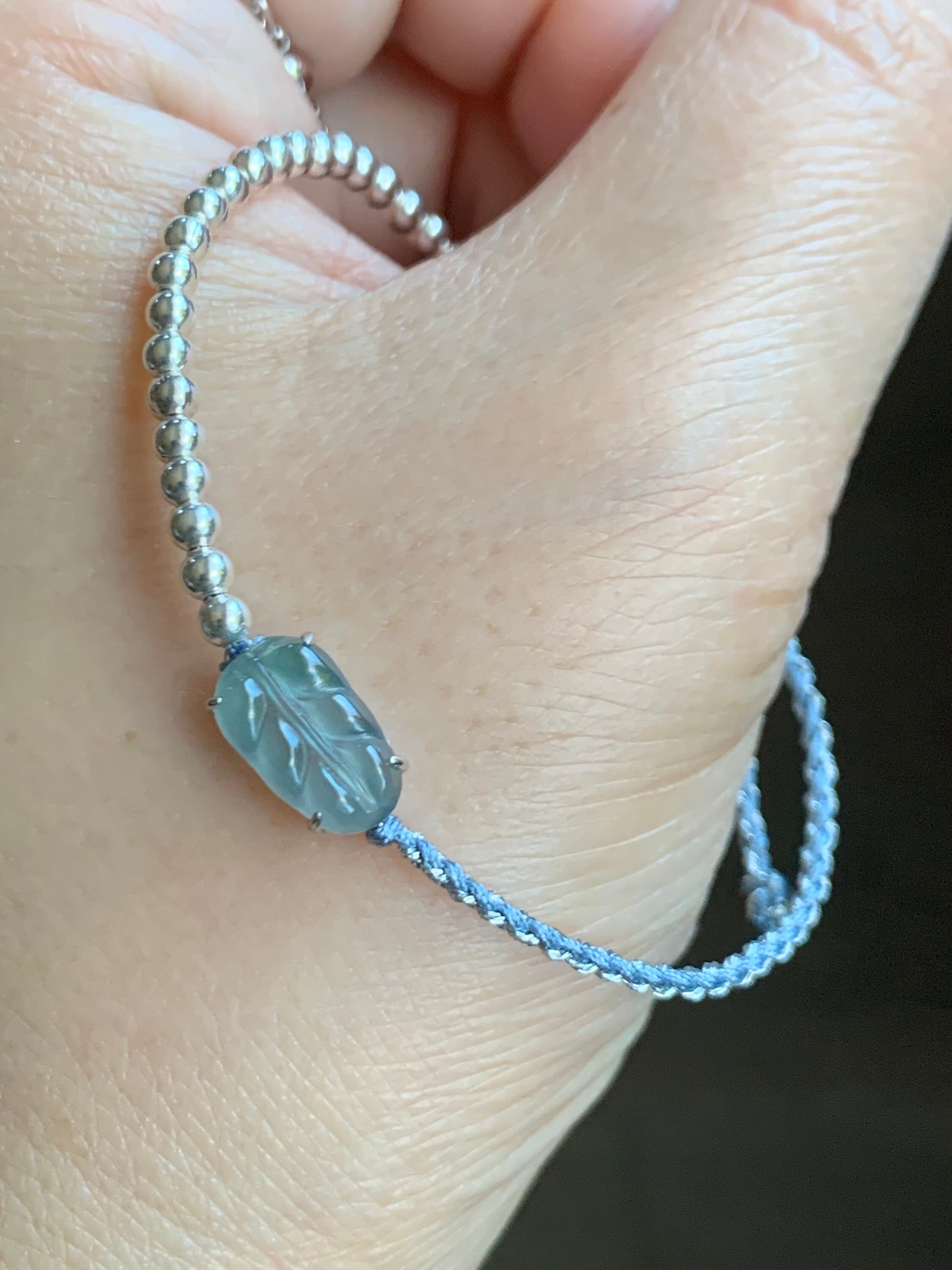 Natural Guatemalan Icy Highly Translucent Light Blue Jadeite Carved Leaf Sterling Silver Beads Rope Bracelet Adjustable 天然冰危淡蓝起光翡翠大叶有成银珠手绳