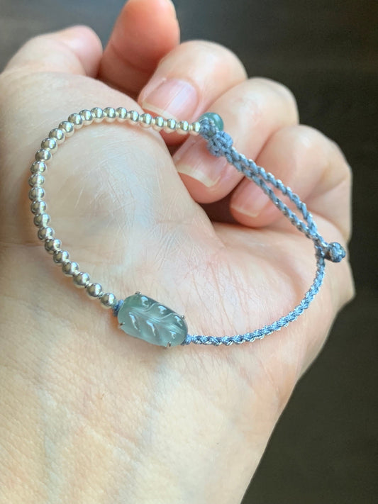 Natural Guatemalan Icy Highly Translucent Light Blue Jadeite Carved Leaf Sterling Silver Beads Rope Bracelet Adjustable 天然冰危淡蓝起光翡翠大叶有成银珠手绳