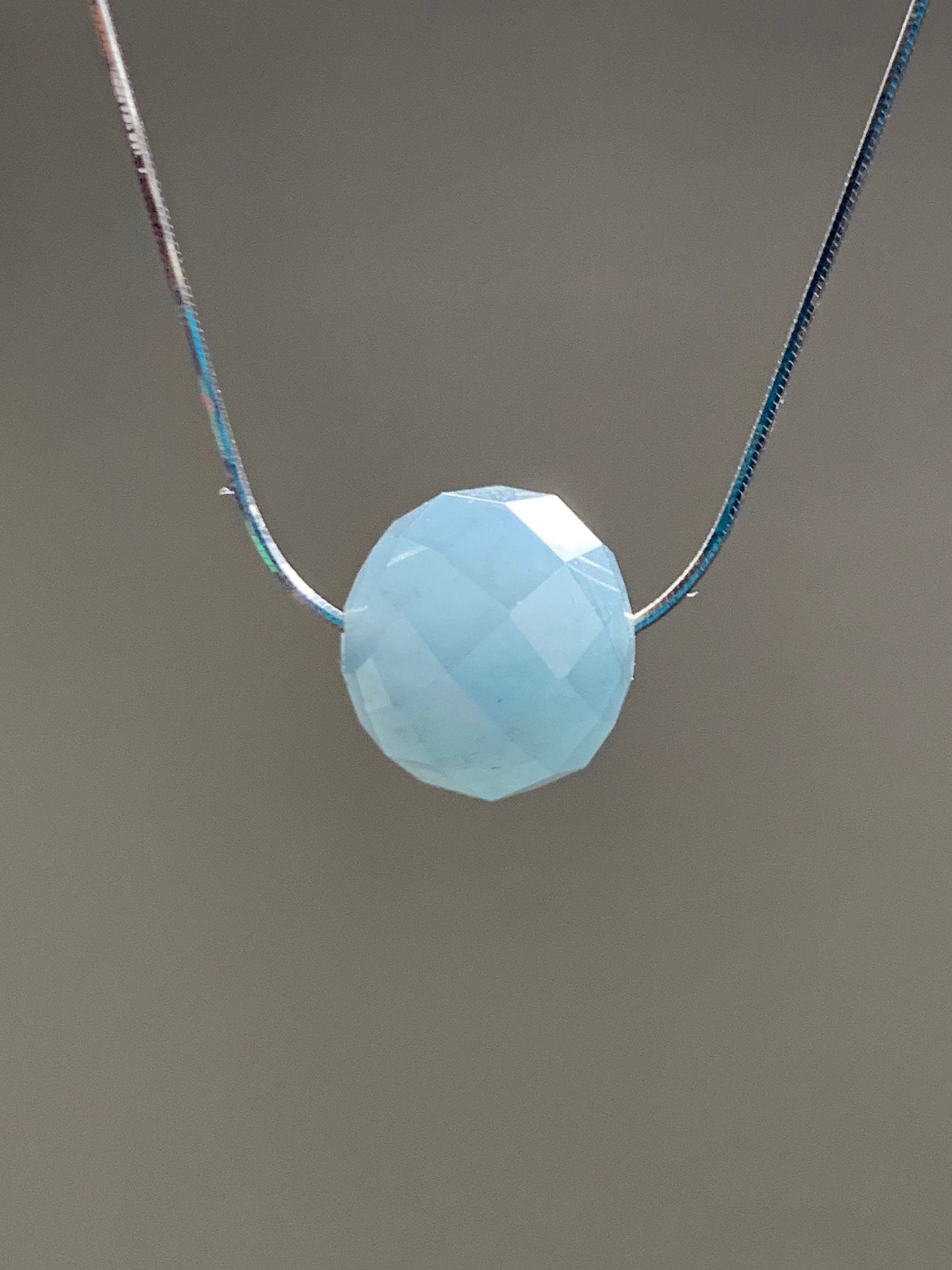 Natural Guatemalan Icy Translucent Light Dusty Blue Jadeite Faceted Drum Bead Pendant Sterling Silver Chain 17.5” adjustable 天然冰危淡蓝翡翠切割面鼓珠项链