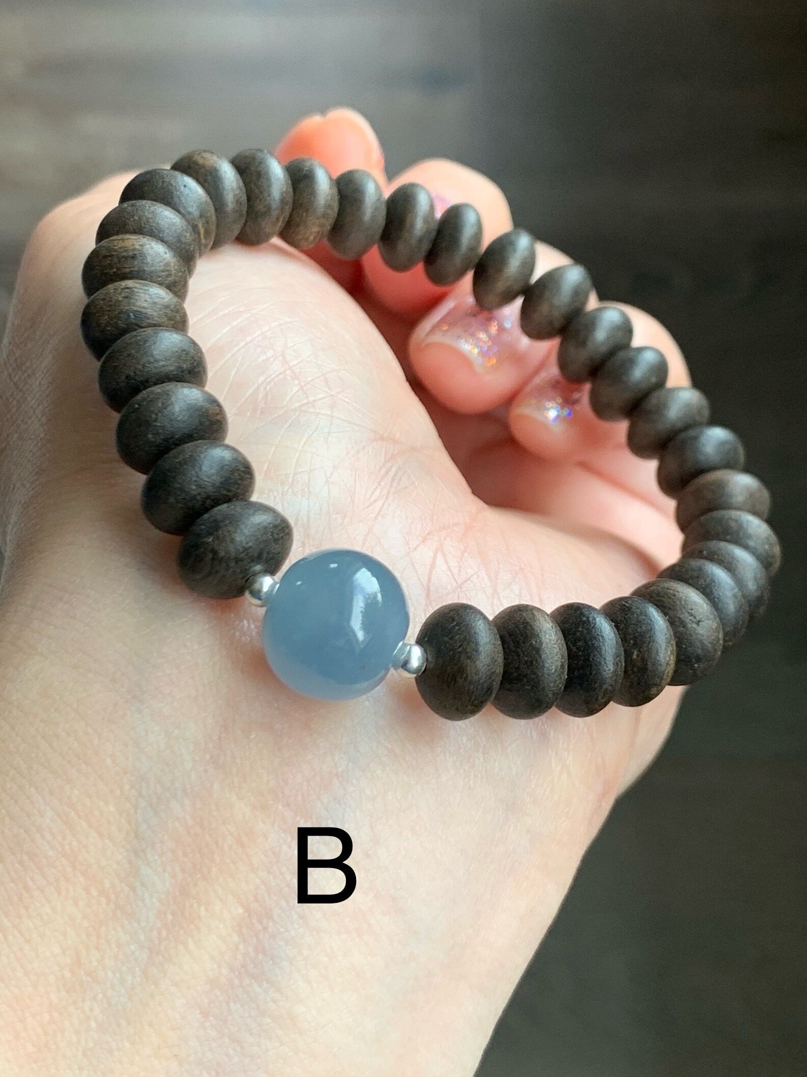 Natural Guatemalan Icy Translucent Gelatinous Dusty Blue Jadeite Apple Bead Agarwood Sterling Silver Beaded Bracelet 7” 天然冰胶危蓝翡翠苹果珠土沉香鼓珠手串