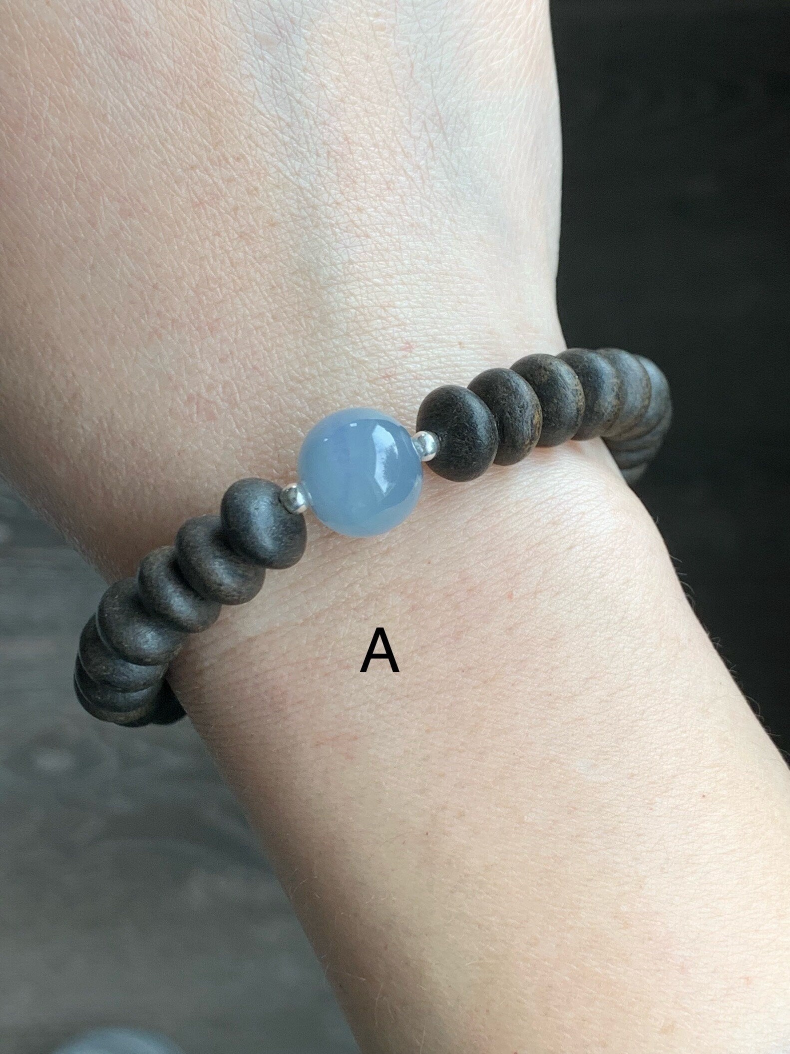 Natural Guatemalan Icy Translucent Gelatinous Dusty Blue Jadeite Apple Bead Agarwood Sterling Silver Beaded Bracelet 7” 天然冰胶危蓝翡翠苹果珠土沉香鼓珠手串