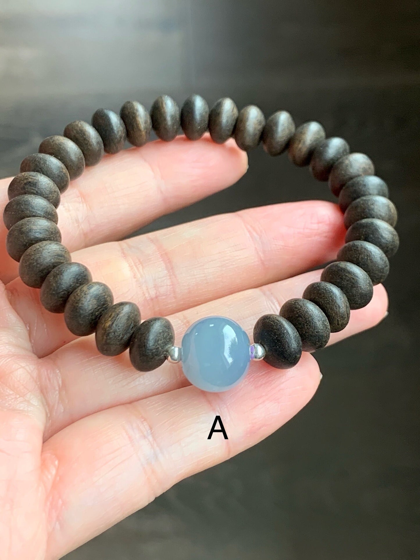 Natural Guatemalan Icy Translucent Gelatinous Dusty Blue Jadeite Apple Bead Agarwood Sterling Silver Beaded Bracelet 7” 天然冰胶危蓝翡翠苹果珠土沉香鼓珠手串