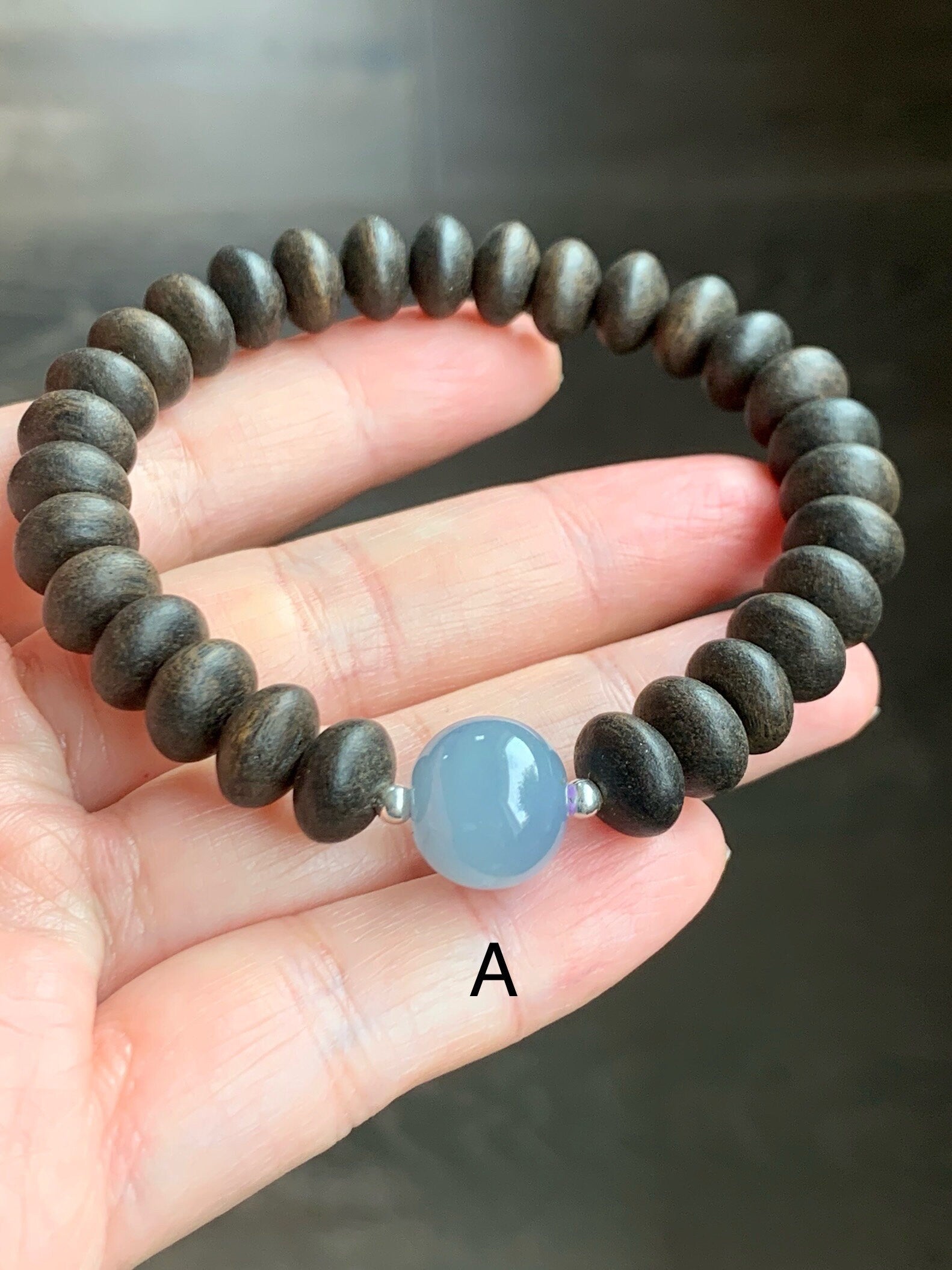 Natural Guatemalan Icy Translucent Gelatinous Dusty Blue Jadeite Apple Bead Agarwood Sterling Silver Beaded Bracelet 7” 天然冰胶危蓝翡翠苹果珠土沉香鼓珠手串