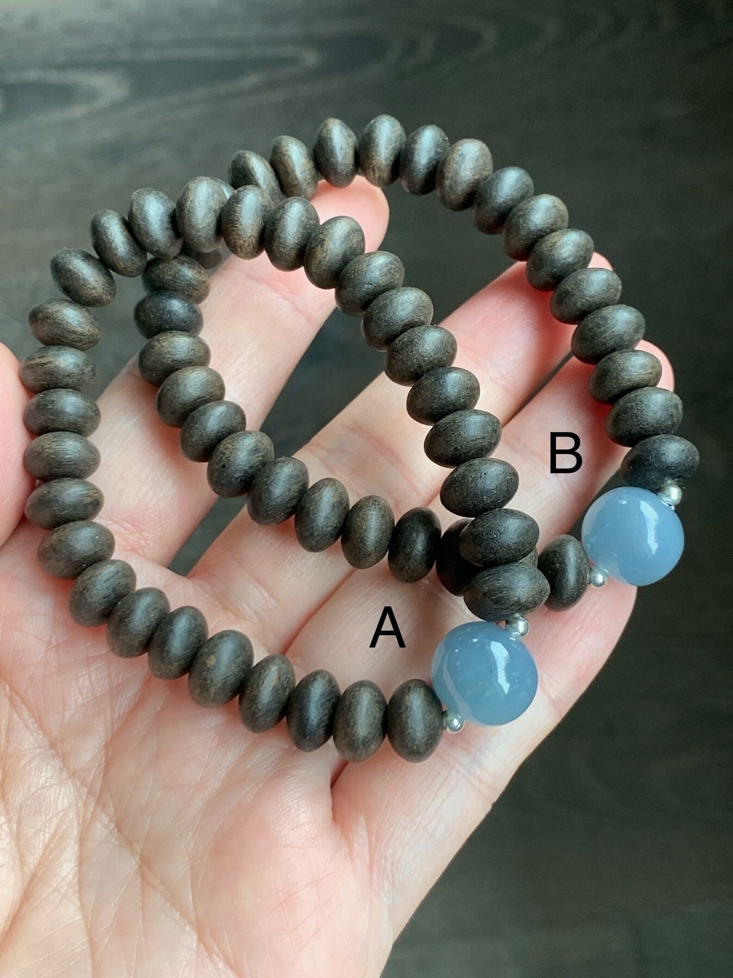 Natural Guatemalan Icy Translucent Gelatinous Dusty Blue Jadeite Apple Bead Agarwood Sterling Silver Beaded Bracelet 7” 天然冰胶危蓝翡翠苹果珠土沉香鼓珠手串