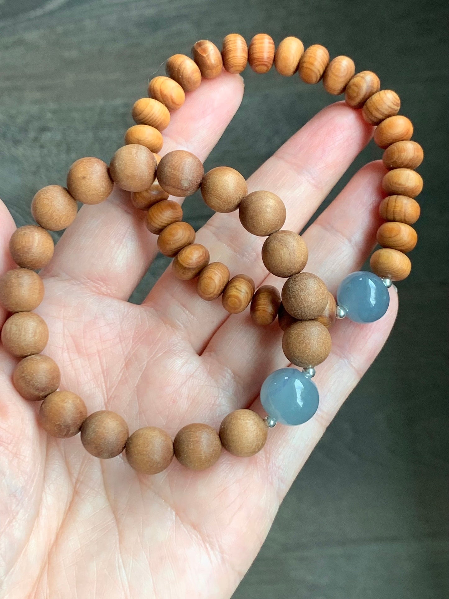 Natural Guatemalan Icy Translucent Gelatinous Dusty Blue Jadeite Apple Bead Wood Beads Sterling Silver Beaded Bracelet 7” 天然冰胶危蓝翡翠苹果珠木珠手串
