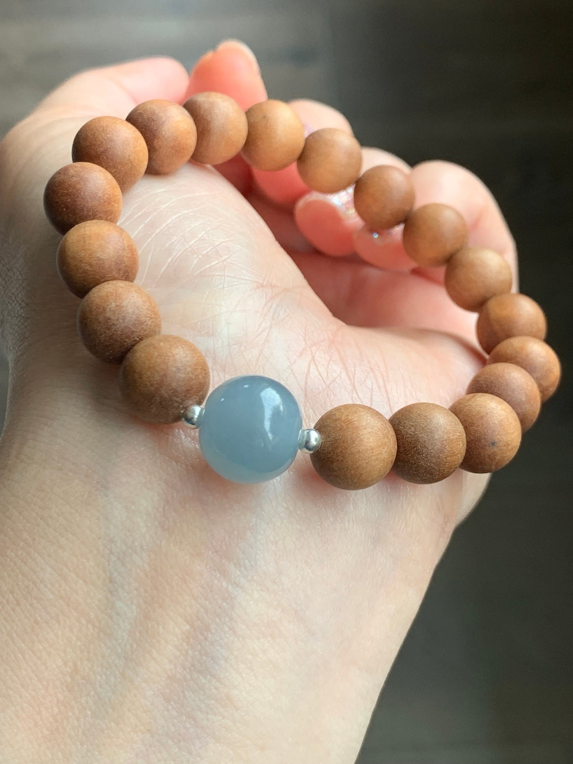 Natural Guatemalan Icy Translucent Gelatinous Dusty Blue Jadeite Apple Bead Wood Beads Sterling Silver Beaded Bracelet 7” 天然冰胶危蓝翡翠苹果珠木珠手串