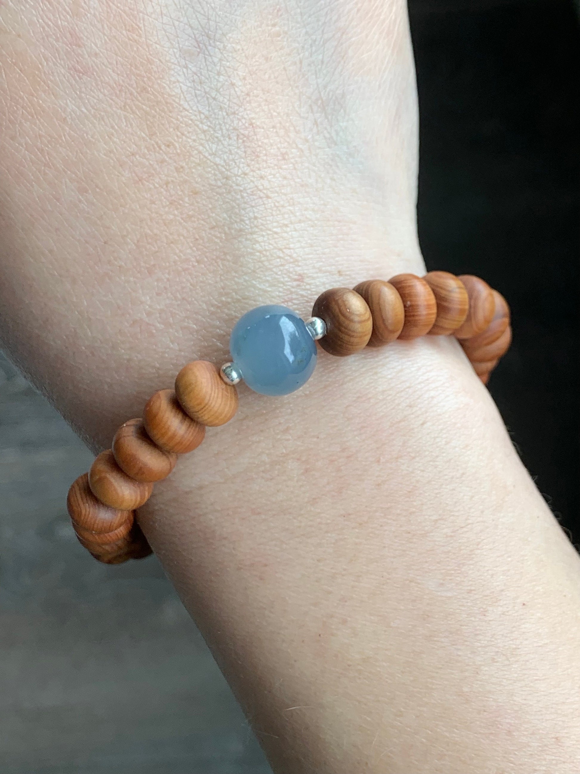 Natural Guatemalan Icy Translucent Gelatinous Dusty Blue Jadeite Apple Bead Wood Beads Sterling Silver Beaded Bracelet 7” 天然冰胶危蓝翡翠苹果珠木珠手串