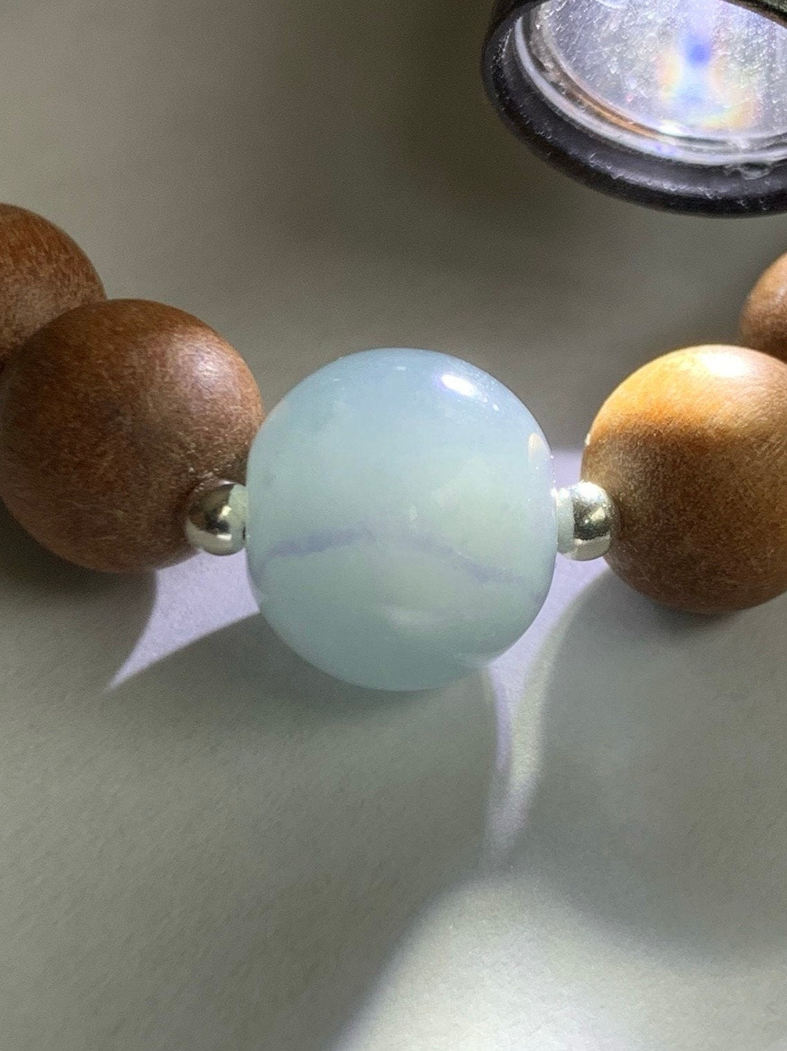 Natural Guatemalan Icy Translucent Gelatinous Dusty Blue Jadeite Apple Bead Wood Beads Sterling Silver Beaded Bracelet 7” 天然冰胶危蓝翡翠苹果珠木珠手串