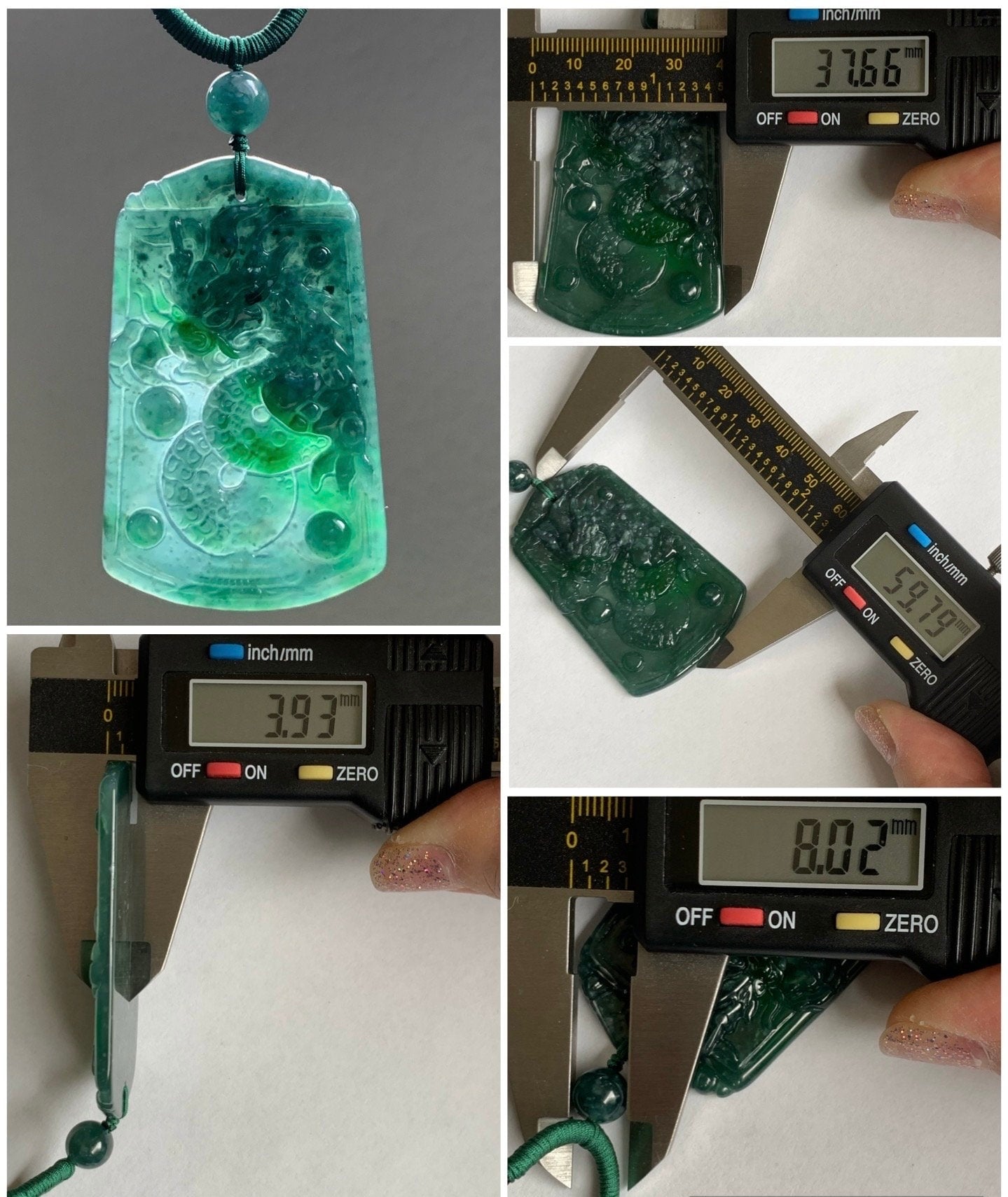 Natural Guatemalan Icy Translucent Teal Green Jadeite Vibrant Green Marbling Dragon Pendant Rope Necklace 32" Adjustable 21g 天然冰危湖水蓝飘绿翡翠龙牌吊坠