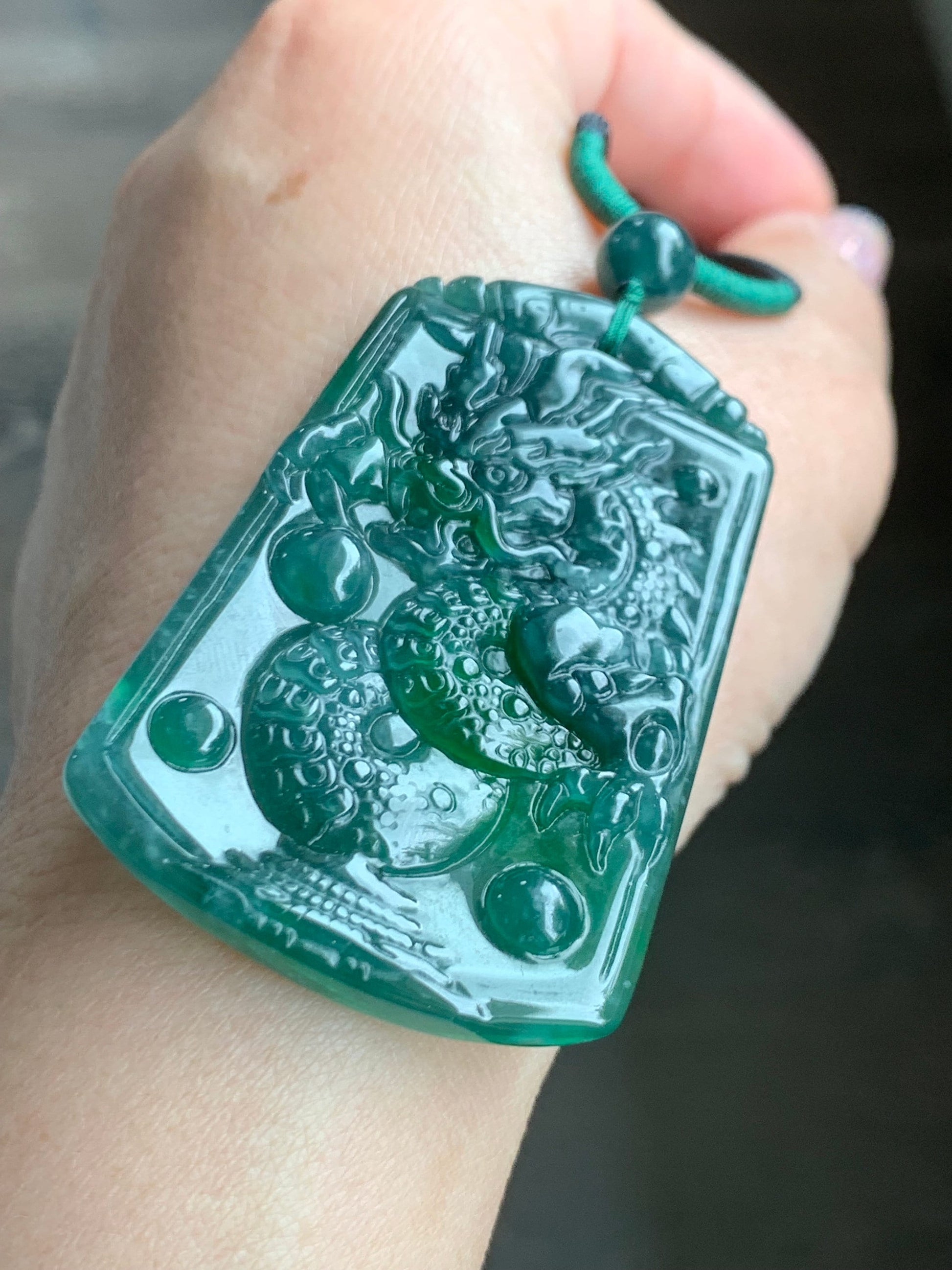 Natural Guatemalan Icy Translucent Teal Green Jadeite Vibrant Green Marbling Dragon Pendant Rope Necklace 32" Adjustable 21g 天然冰危湖水蓝飘绿翡翠龙牌吊坠