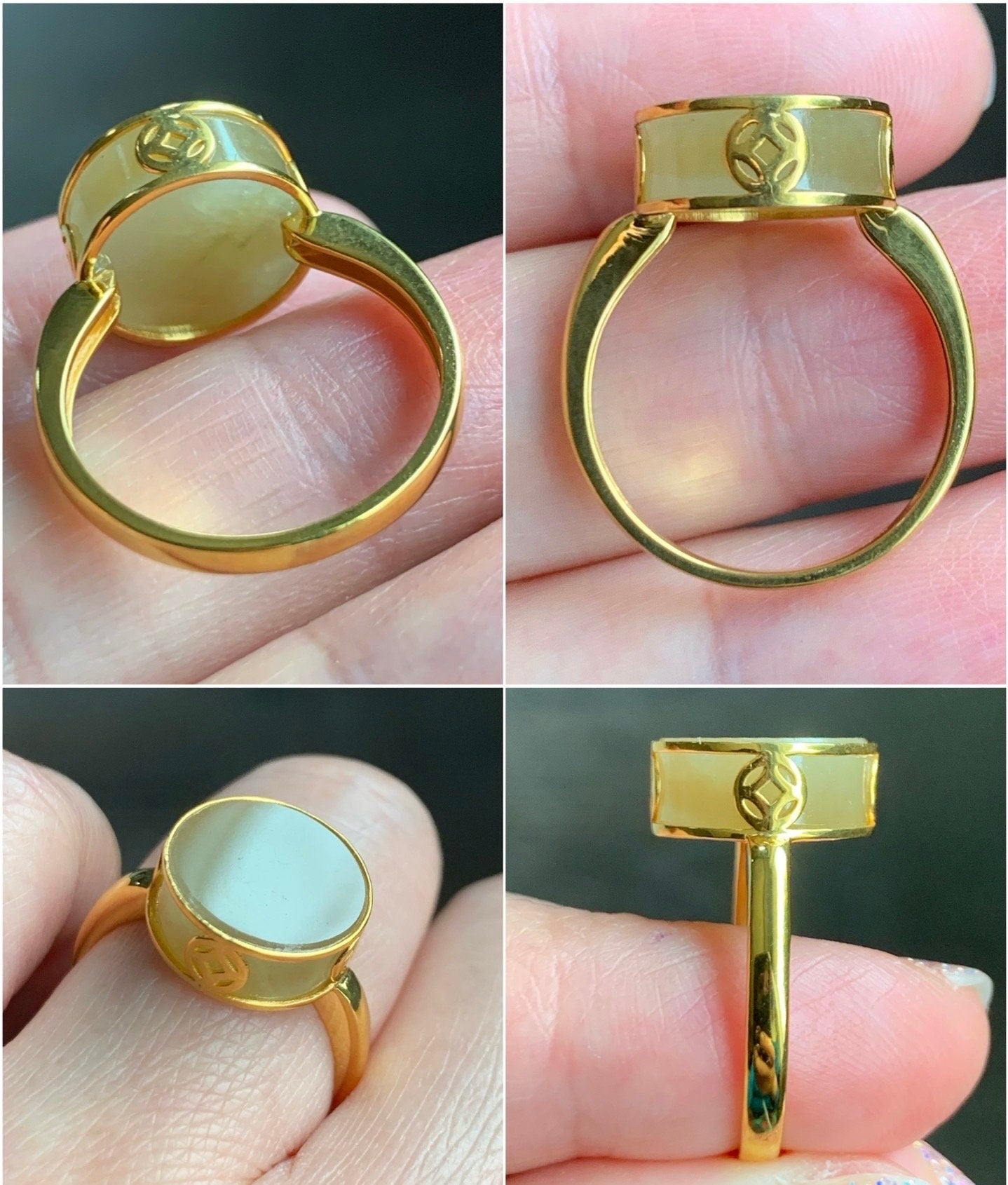 Certified Natural Burmese Icy Translucent Yellow Jadeite Round Wu Shi Pai Disc Ring Size 7.25 18K Yellow Gold 4.2g 天然老种缅甸冰黄翡翠无事牌镶嵌戒指 7042