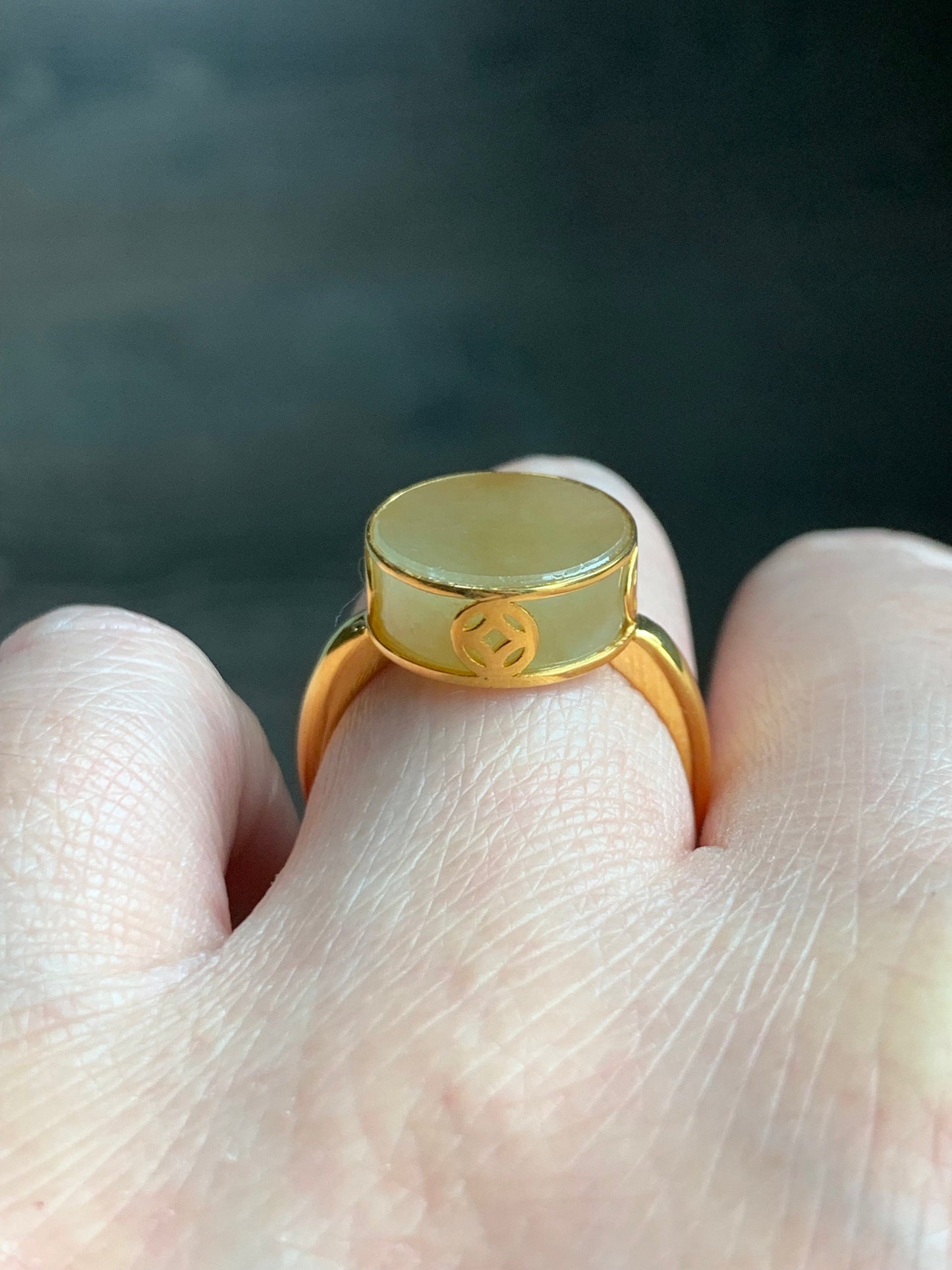 Certified Natural Burmese Icy Translucent Yellow Jadeite Round Wu Shi Pai Disc Ring Size 7.25 18K Yellow Gold 4.2g 天然老种缅甸冰黄翡翠无事牌镶嵌戒指 7042