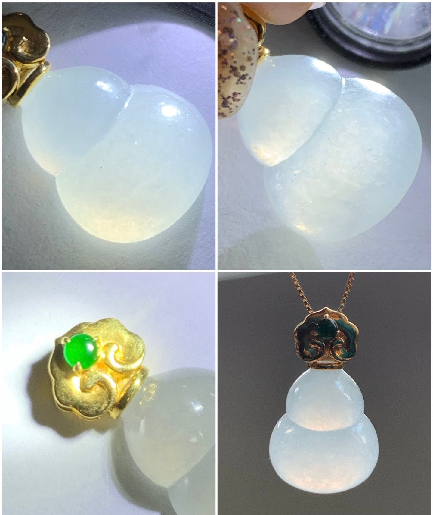 Certified Natural Burmese Icy Translucent Gelatinous White Jadeite Hulu Gourd Pendant Green Jadeite Ruyi Bail 18K Gold 天然缅甸老种起光翡翠葫芦镶嵌吊坠 7119