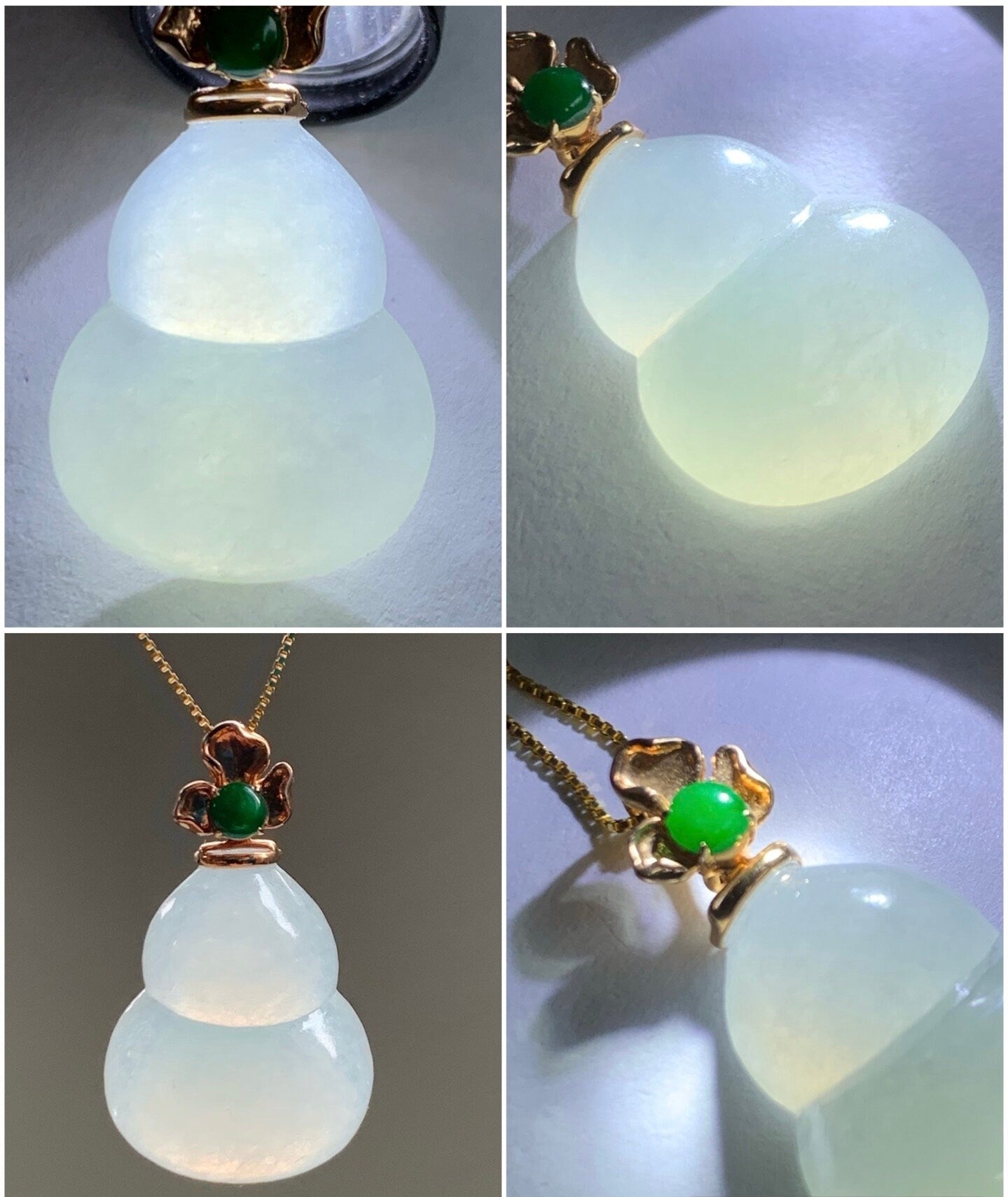 Certified Natural Burmese Icy Translucent Gelatinous White Jadeite Hulu Gourd Pendant Green Jadeite Floral Bail 18K R Gold 天然缅甸老种起光翡翠葫芦镶嵌吊坠