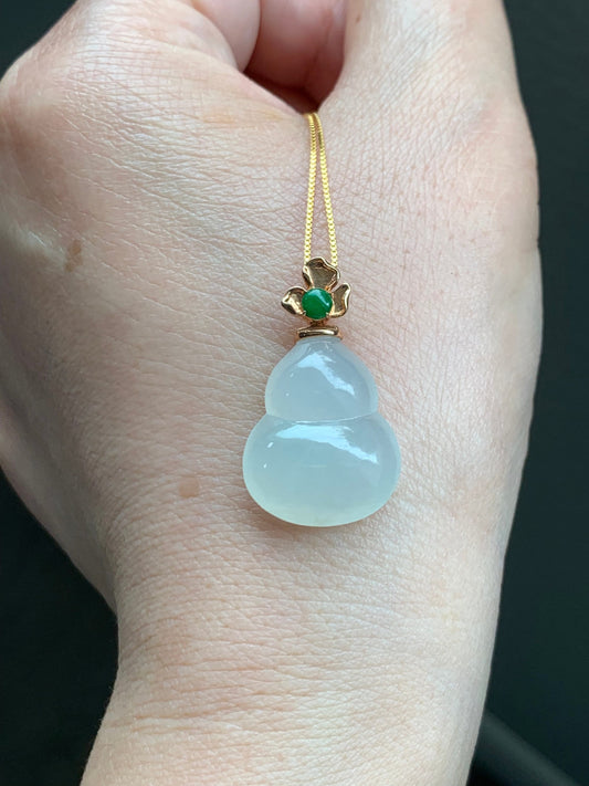 Certified Natural Burmese Icy Translucent Gelatinous White Jadeite Hulu Gourd Pendant Green Jadeite Floral Bail 18K R Gold 天然缅甸老种起光翡翠葫芦镶嵌吊坠