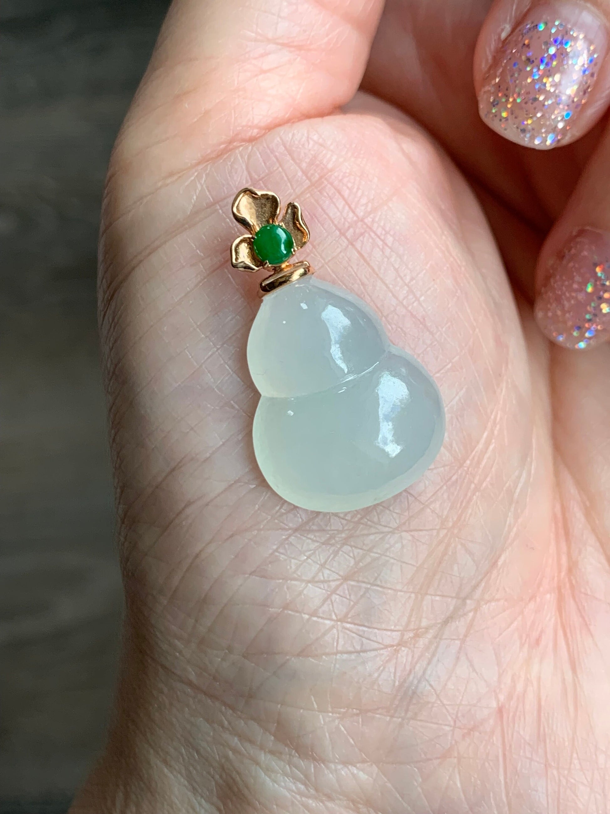 Certified Natural Burmese Icy Translucent Gelatinous White Jadeite Hulu Gourd Pendant Green Jadeite Floral Bail 18K R Gold 天然缅甸老种起光翡翠葫芦镶嵌吊坠