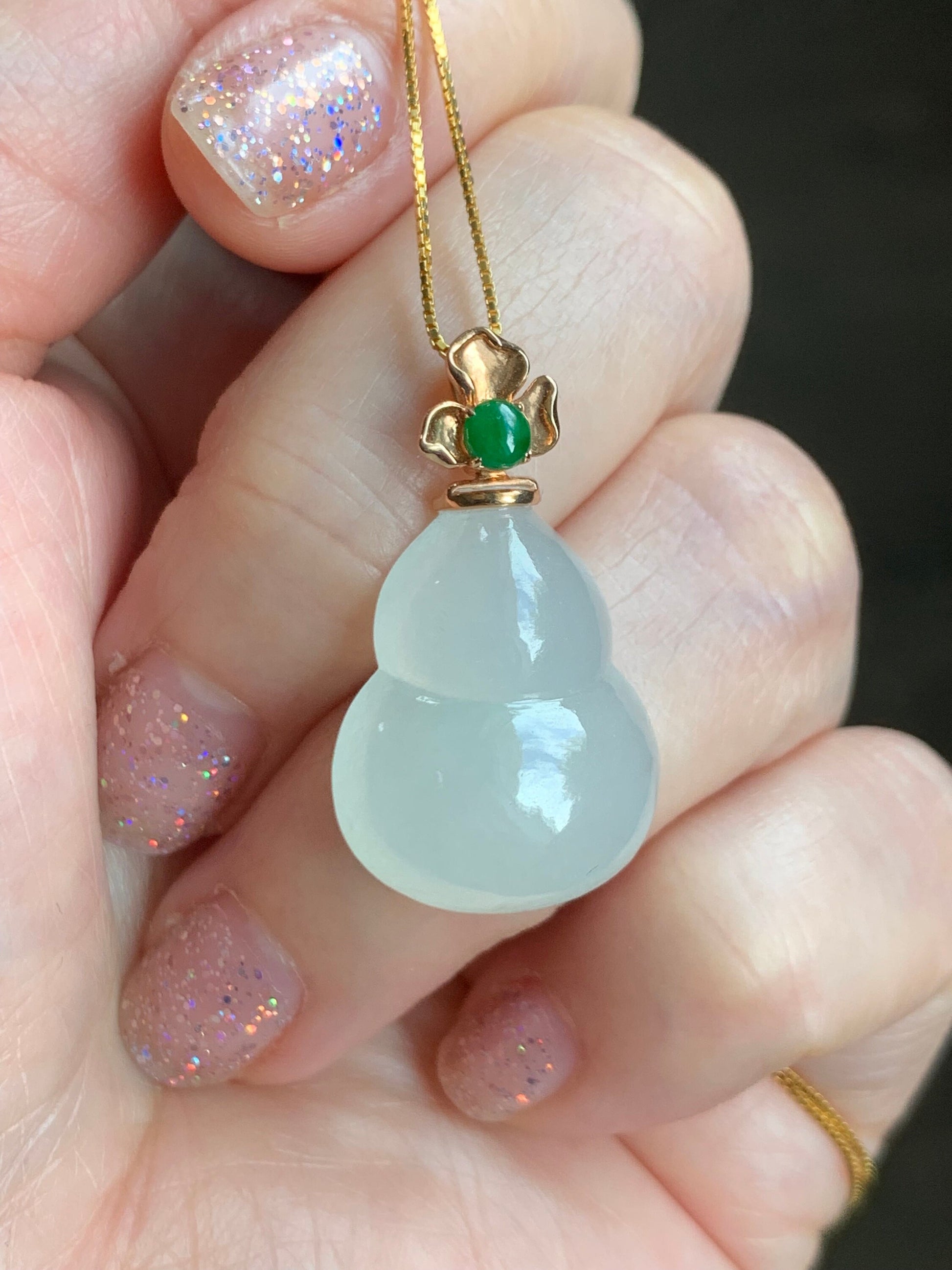 Certified Natural Burmese Icy Translucent Gelatinous White Jadeite Hulu Gourd Pendant Green Jadeite Floral Bail 18K R Gold 天然缅甸老种起光翡翠葫芦镶嵌吊坠