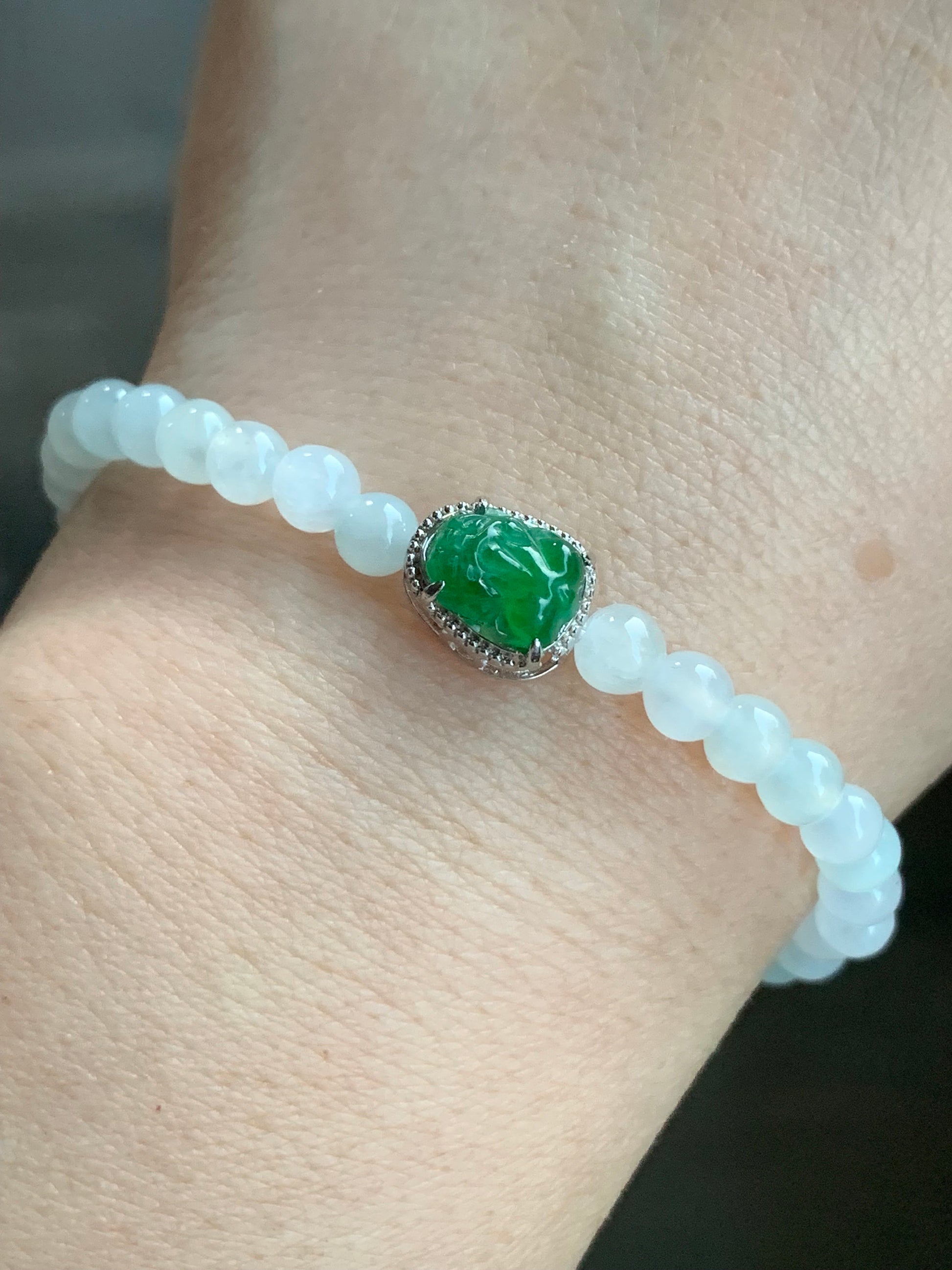 Natural Burmese Icy Translucent White Jadeite Guatemalan Icy Green Jadeite Pixiu Beaded Bracelet Sterling Silver 6.75” 天然缅甸白冰翡翠冰危绿貔貅银手串