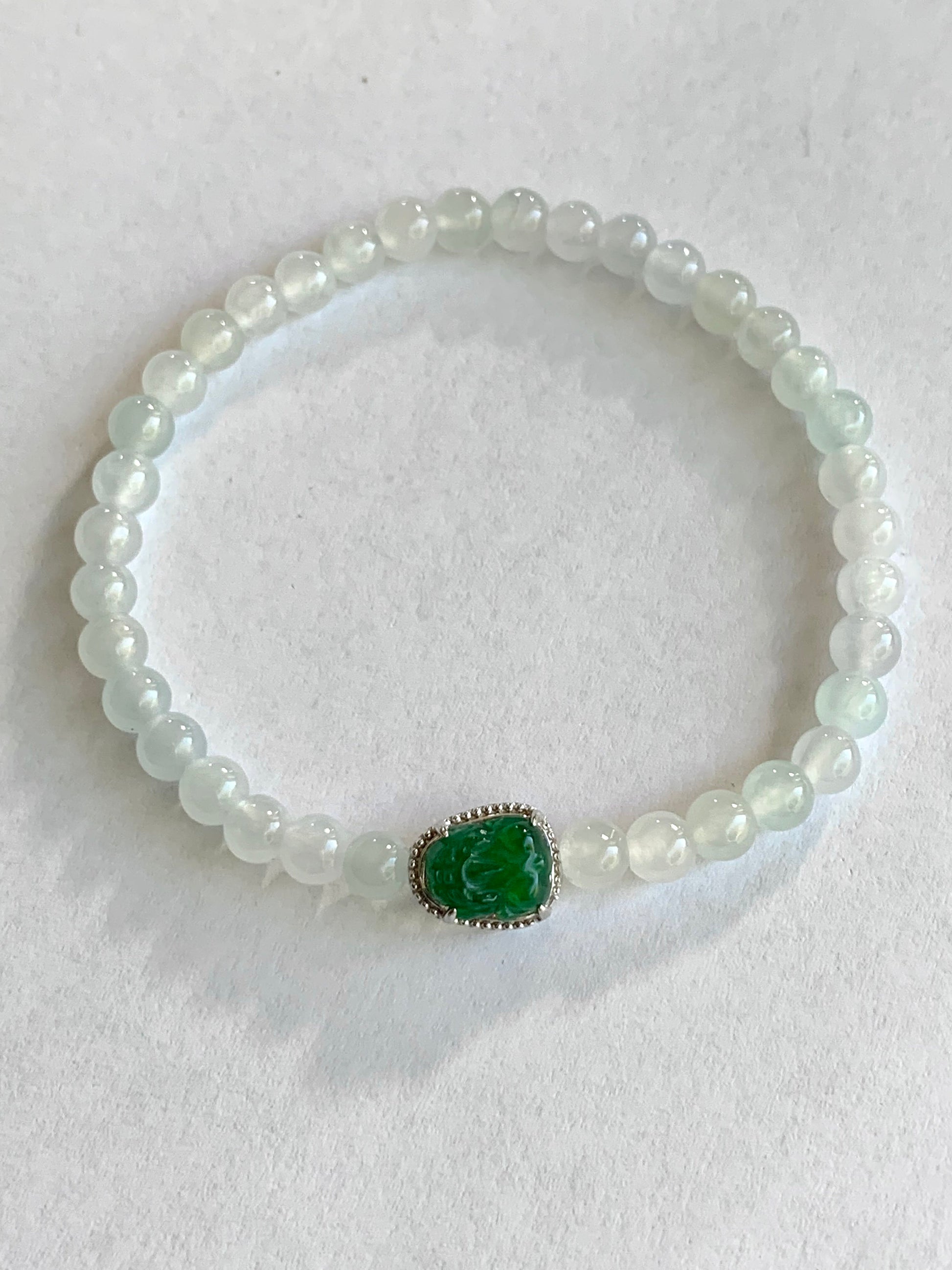 Natural Burmese Icy Translucent White Jadeite Guatemalan Icy Green Jadeite Pixiu Beaded Bracelet Sterling Silver 6.75” 天然缅甸白冰翡翠冰危绿貔貅银手串