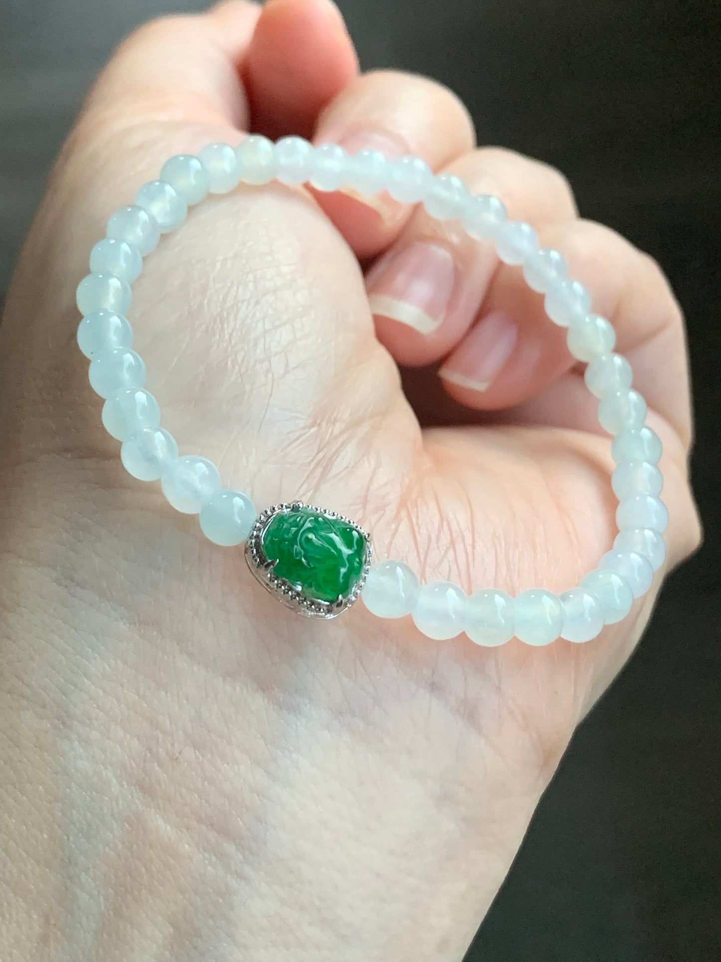 Natural Burmese Icy Translucent White Jadeite Guatemalan Icy Green Jadeite Pixiu Beaded Bracelet Sterling Silver 6.75” 天然缅甸白冰翡翠冰危绿貔貅银手串