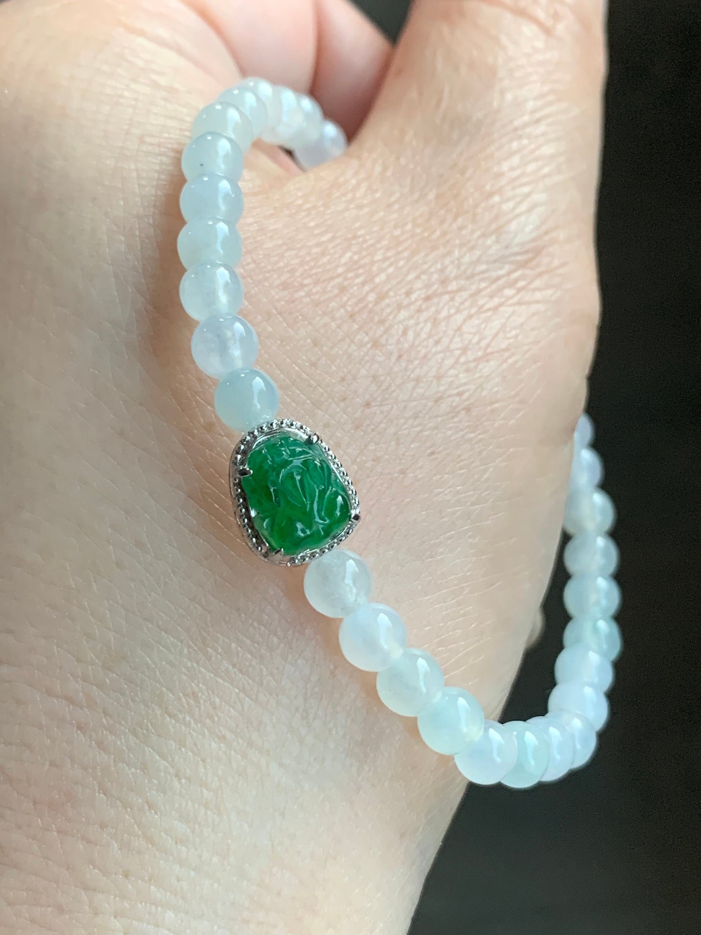 Natural Burmese Icy Translucent White Jadeite Guatemalan Icy Green Jadeite Pixiu Beaded Bracelet Sterling Silver 6.75” 天然缅甸白冰翡翠冰危绿貔貅银手串