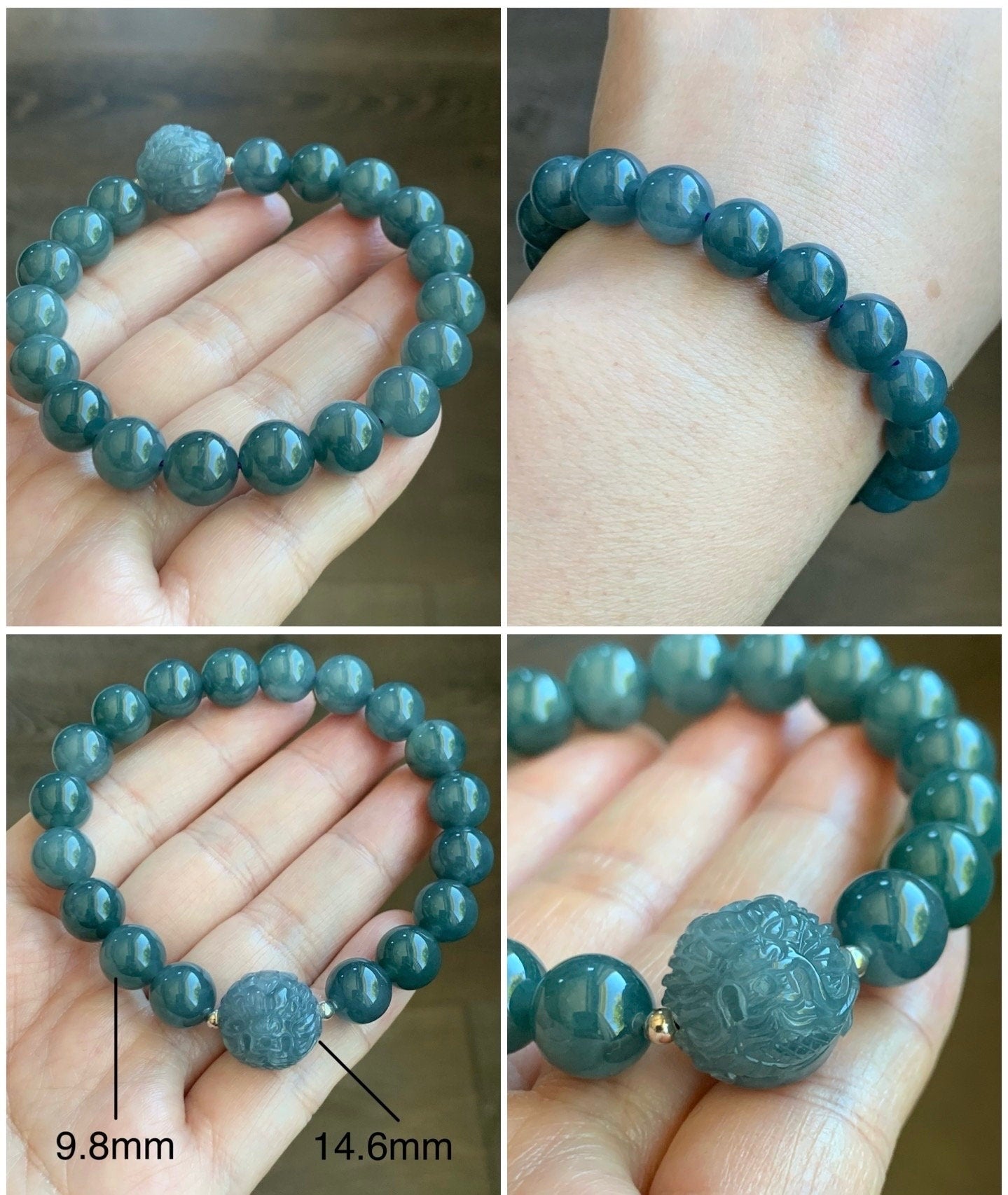 Natural Guatemalan Icy Translucent Gelatinous Blue Jadeite Engraved Dragon Bead Beaded Bracelet 7" Sterling Silver 34g 天然冰胶危蓝翡翠龙珠手串 SWLZ36