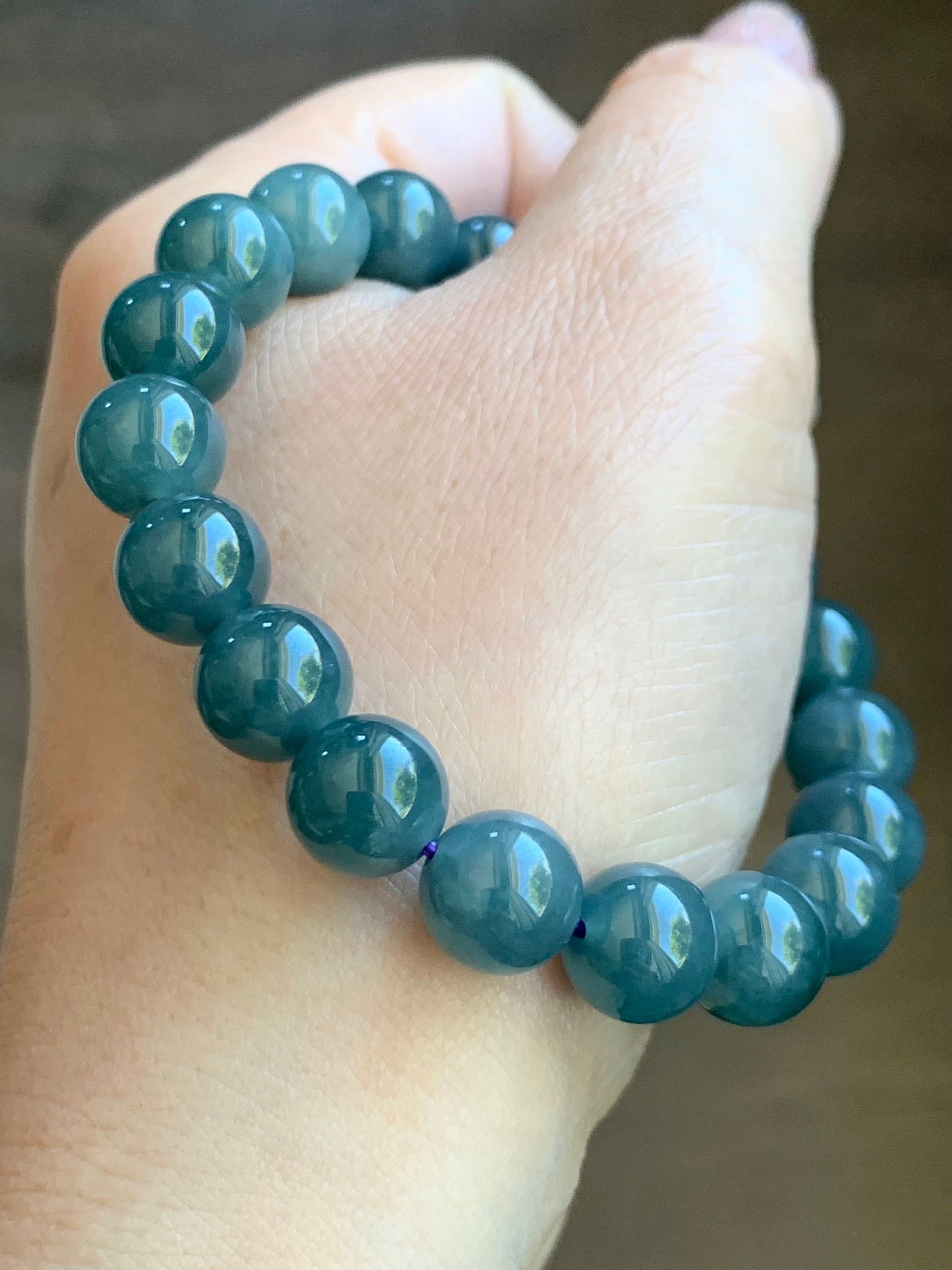 Natural Guatemalan Icy Translucent Gelatinous Blue Jadeite Engraved Dragon Bead Beaded Bracelet 7" Sterling Silver 34g 天然冰胶危蓝翡翠龙珠手串 SWLZ36