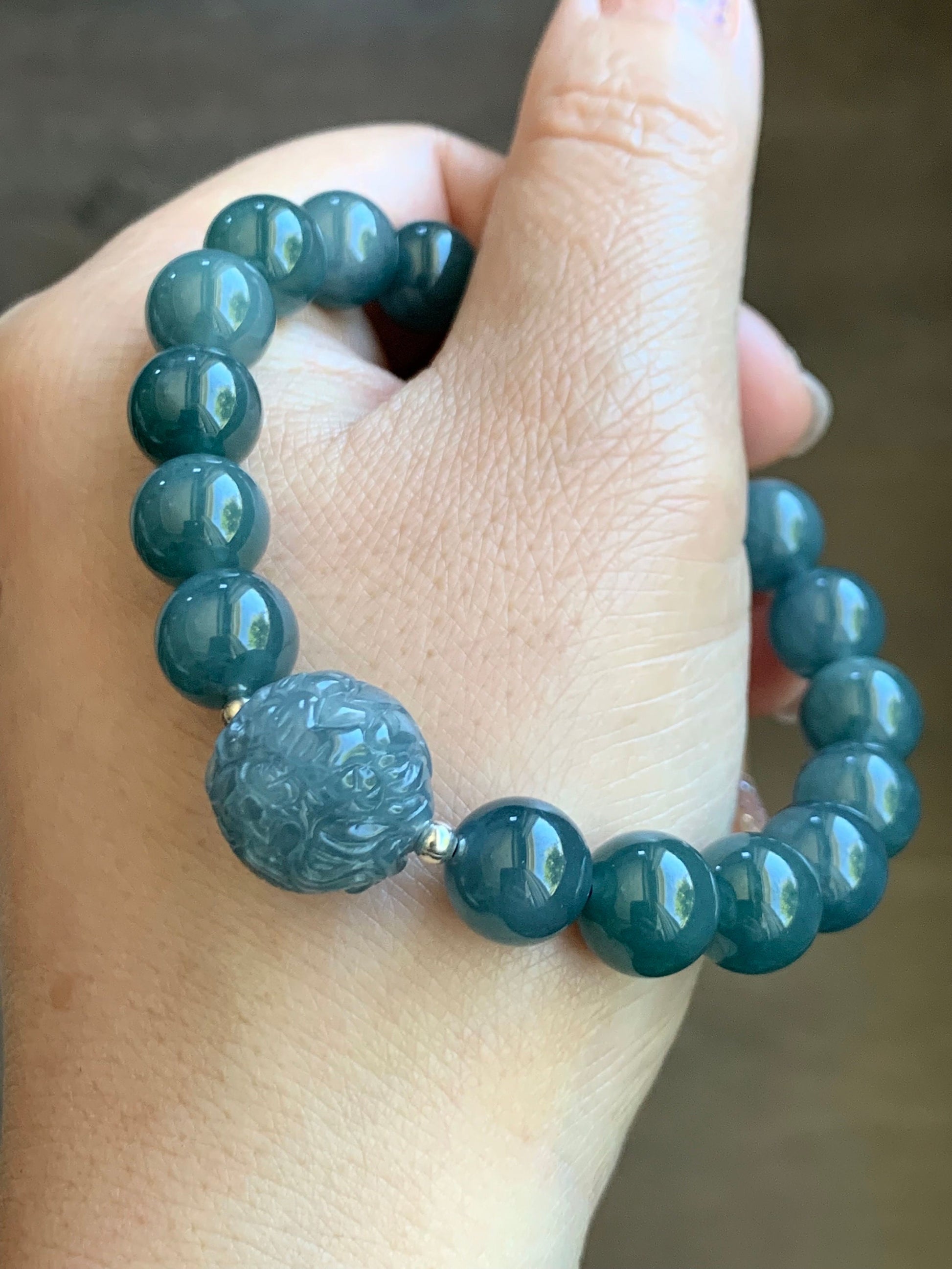 Natural Guatemalan Icy Translucent Gelatinous Blue Jadeite Engraved Dragon Bead Beaded Bracelet 7" Sterling Silver 34g 天然冰胶危蓝翡翠龙珠手串 SWLZ36