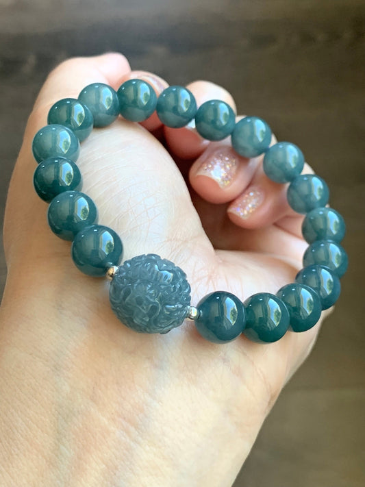 Natural Guatemalan Icy Translucent Gelatinous Blue Jadeite Engraved Dragon Bead Beaded Bracelet 7" Sterling Silver 34g 天然冰胶危蓝翡翠龙珠手串 SWLZ36