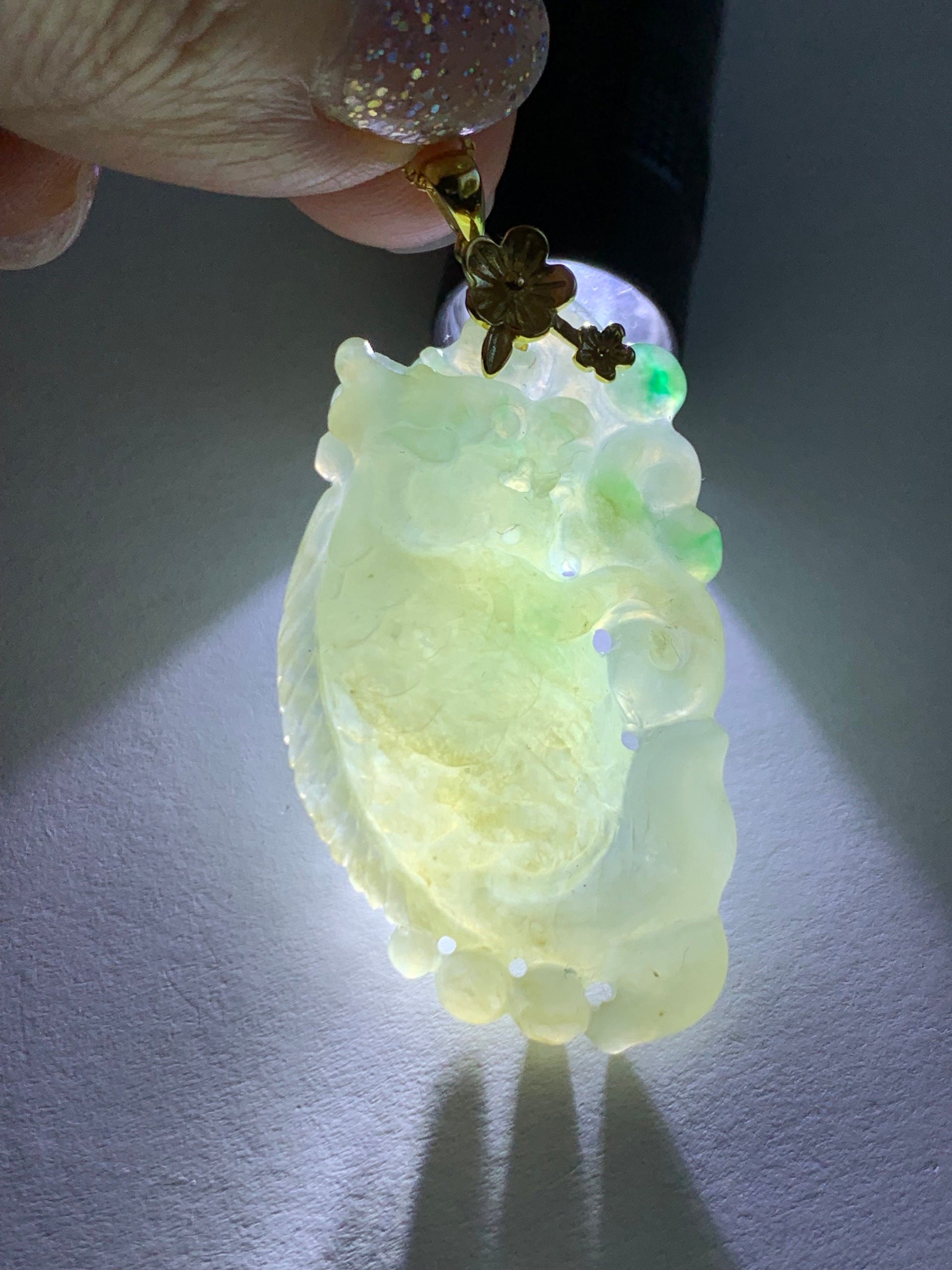 Natural Burmese Icy Translucent Tea Yellow & Vibrant Green Jadeite Carved Dragon Fish Ruyi Pendant Sterling Silver 天然缅甸冰茶黄飘绿花翡翠鳌鱼如意吊坠