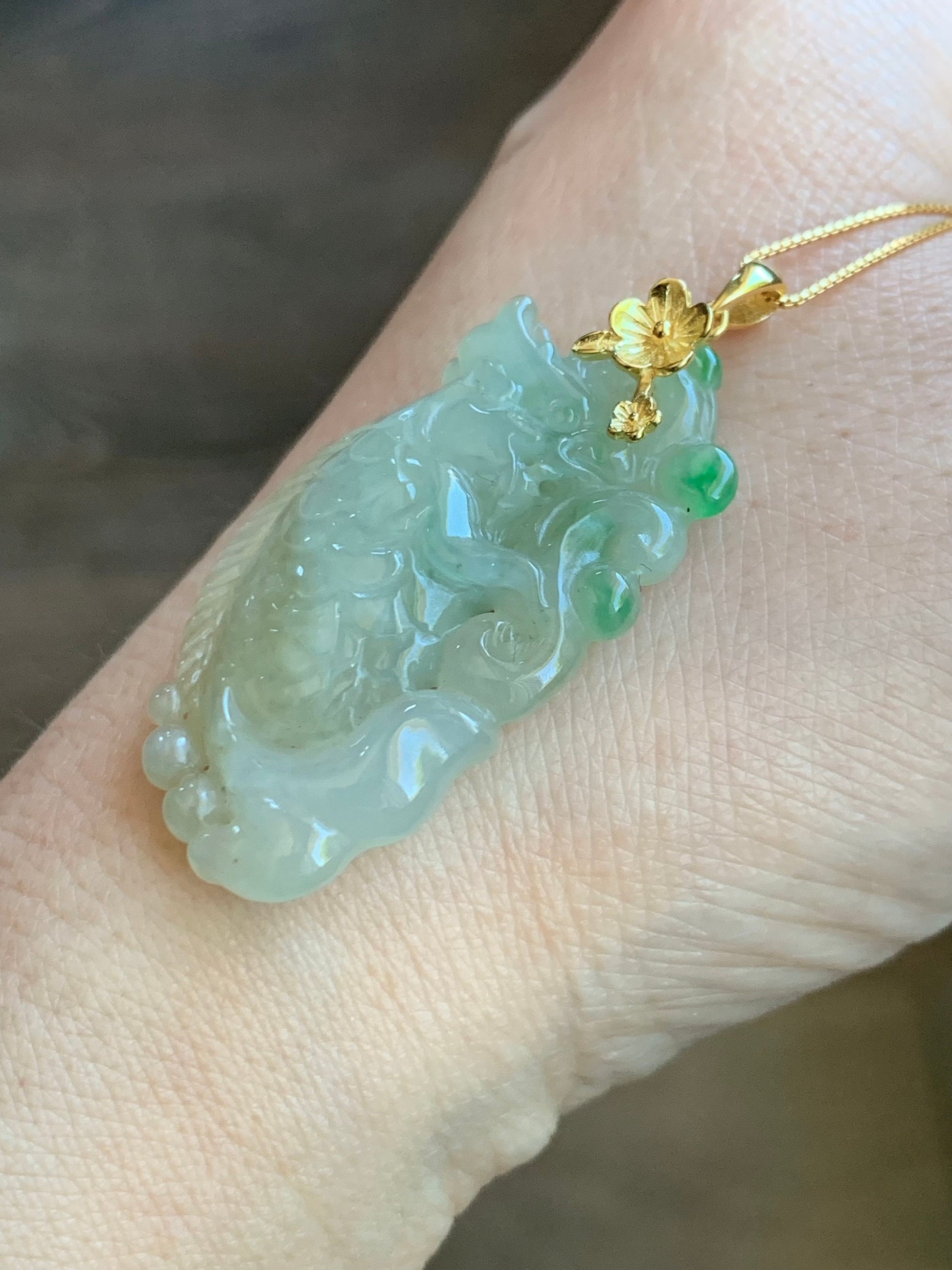 Natural Burmese Icy Translucent Tea Yellow & Vibrant Green Jadeite Carved Dragon Fish Ruyi Pendant Sterling Silver 天然缅甸冰茶黄飘绿花翡翠鳌鱼如意吊坠
