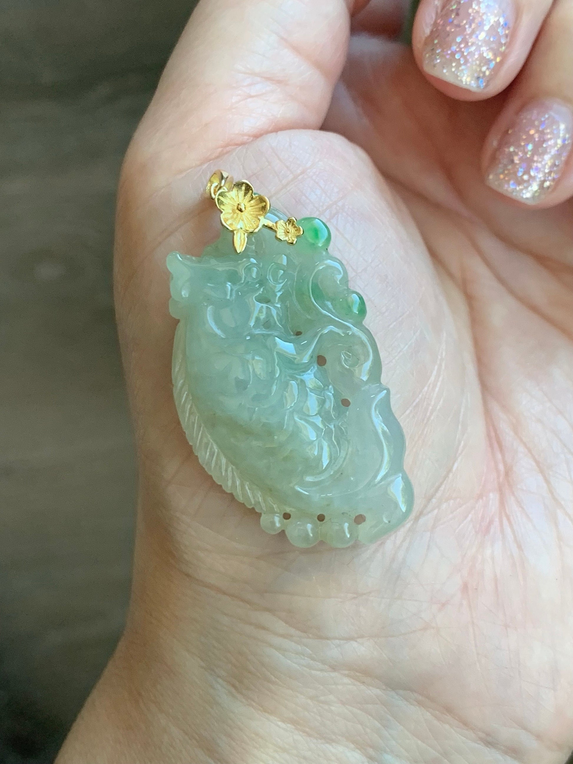 Natural Burmese Icy Translucent Tea Yellow & Vibrant Green Jadeite Carved Dragon Fish Ruyi Pendant Sterling Silver 天然缅甸冰茶黄飘绿花翡翠鳌鱼如意吊坠