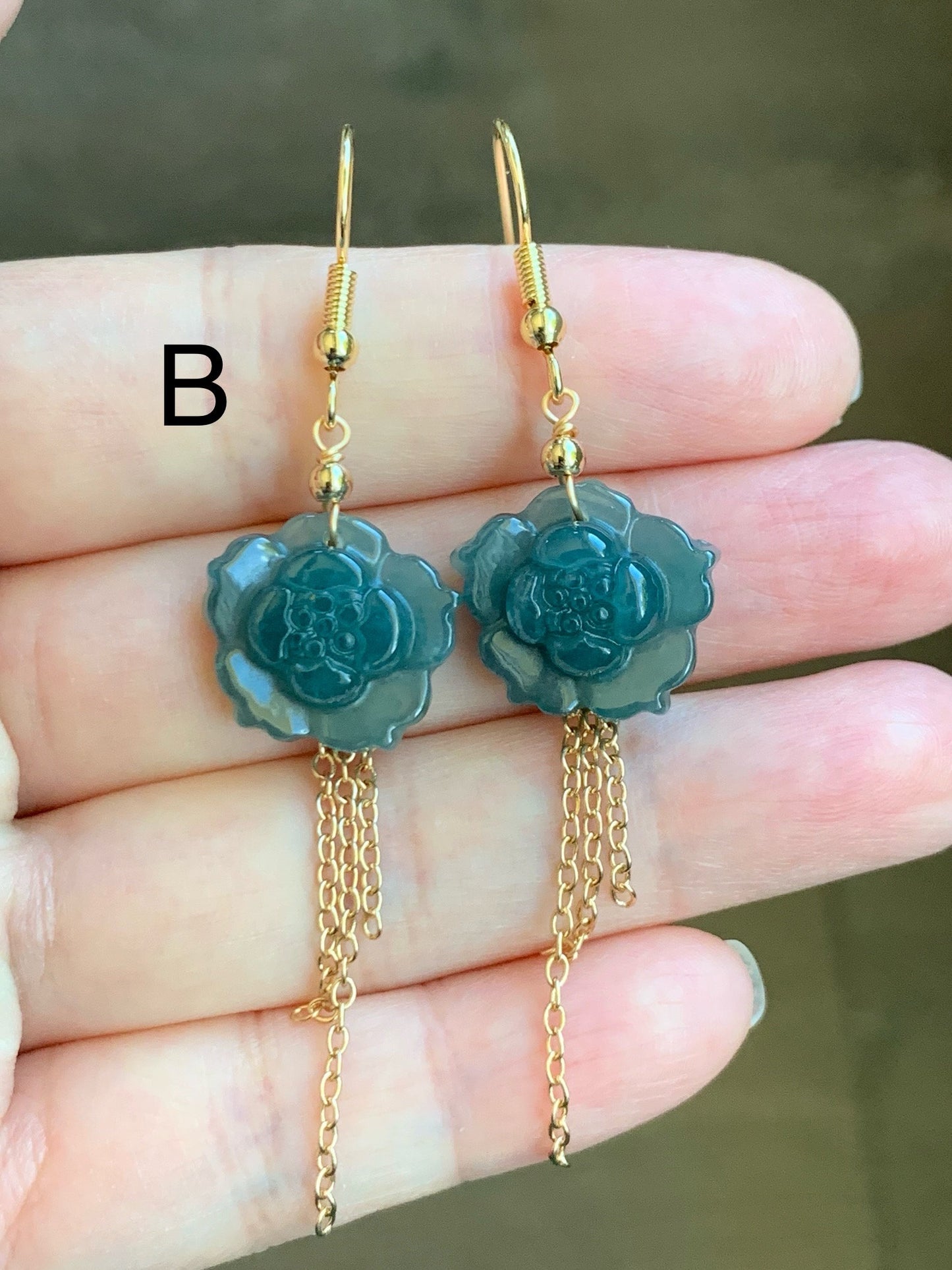Natural Guatemalan Icy Translucent Rich Blue Jadeite carved lotus flower Dangle Earrings 14K Yellow Gold Plating 天然冰危蓝翡翠莲花14K包金耳吊