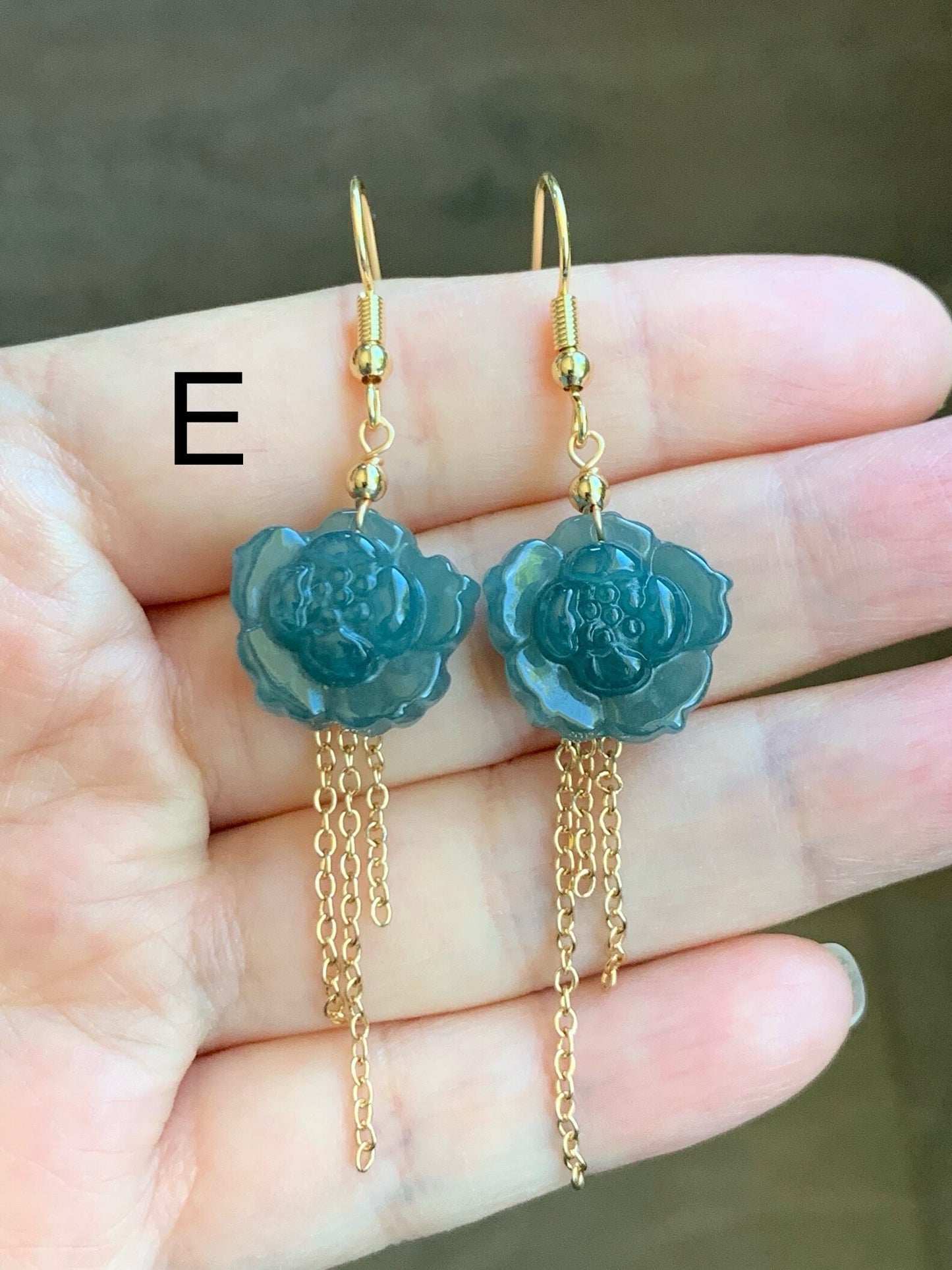 Natural Guatemalan Icy Translucent Rich Blue Jadeite carved lotus flower Dangle Earrings 14K Yellow Gold Plating 天然冰危蓝翡翠莲花14K包金耳吊