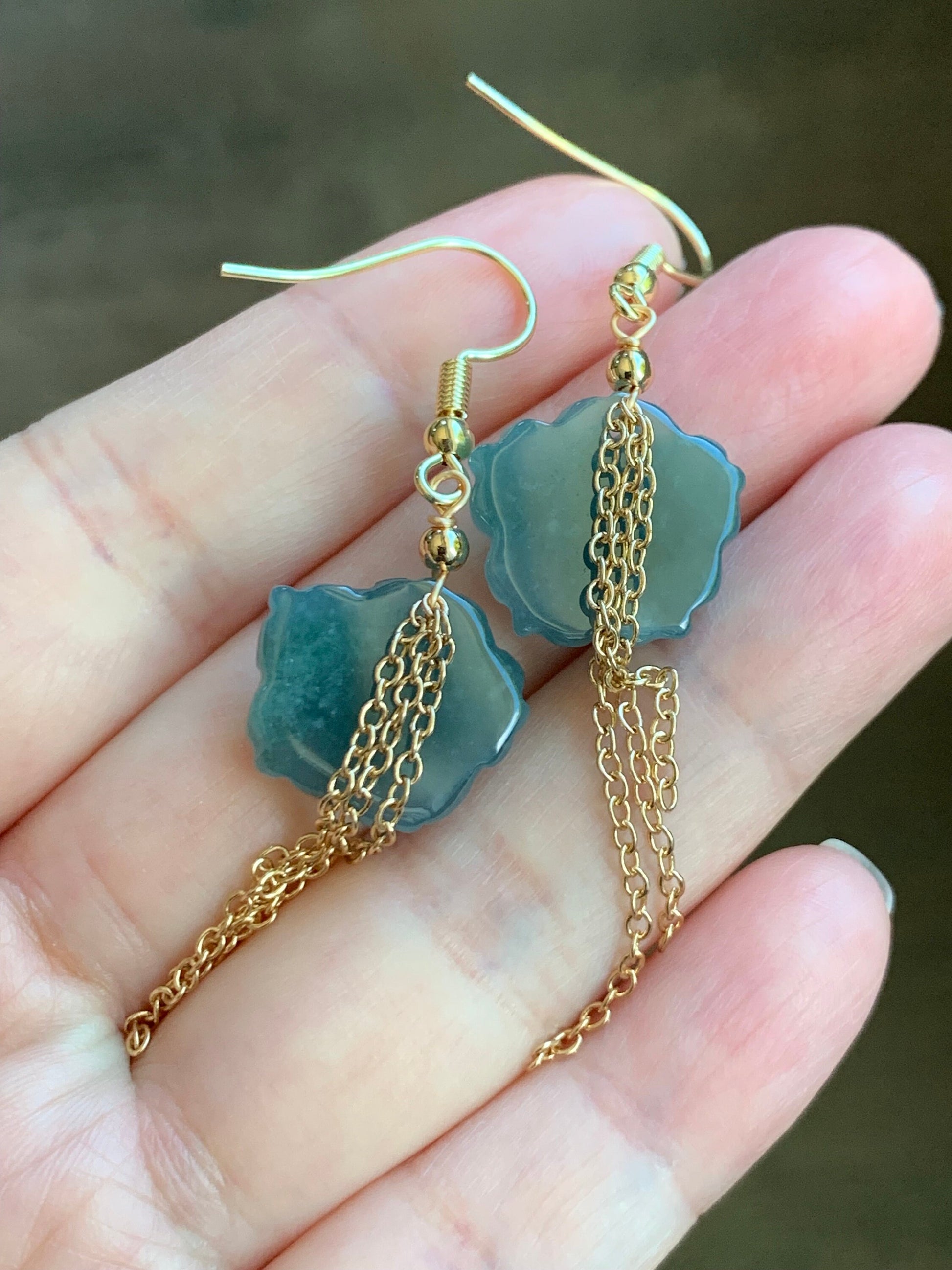 Natural Guatemalan Icy Translucent Rich Blue Jadeite carved lotus flower Dangle Earrings 14K Yellow Gold Plating 天然冰危蓝翡翠莲花14K包金耳吊