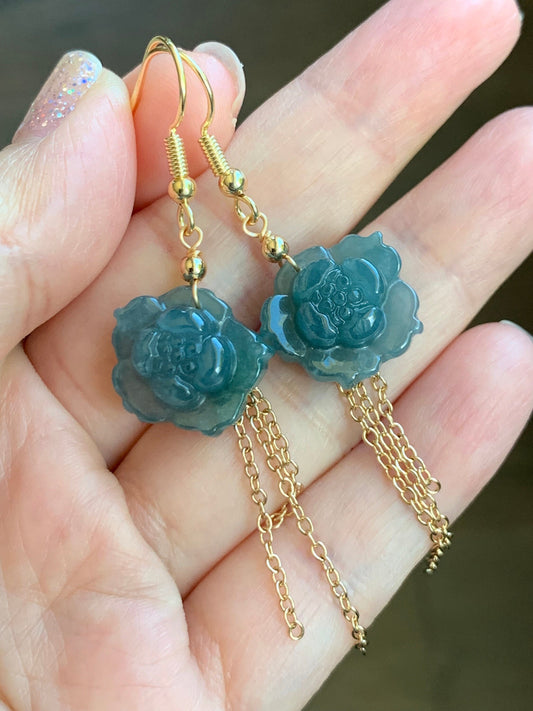 Natural Guatemalan Icy Translucent Rich Blue Jadeite carved lotus flower Dangle Earrings 14K Yellow Gold Plating 天然冰危蓝翡翠莲花14K包金耳吊