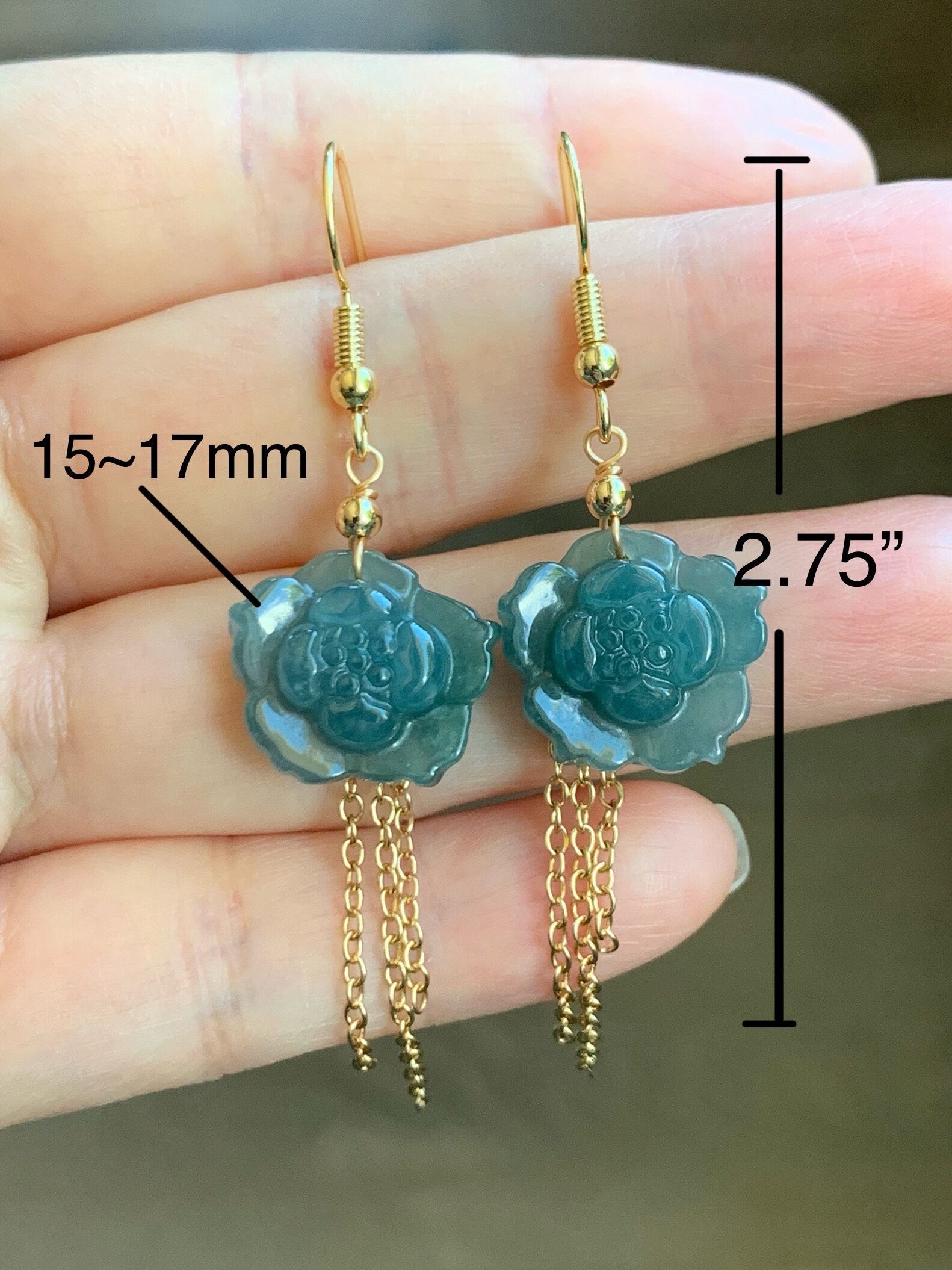 Natural Guatemalan Icy Translucent Rich Blue Jadeite carved lotus flower Dangle Earrings 14K Yellow Gold Plating 天然冰危蓝翡翠莲花14K包金耳吊