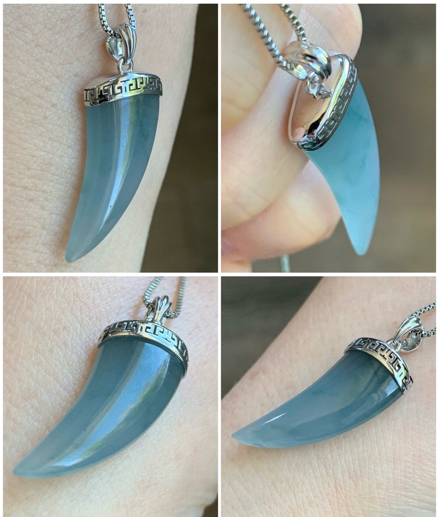 Certified Natural Guatemalan Icy Translucent Gelatinous Light Blue Marbled Jadeite Dragon Tooth Pendant 18K White Gold 天然缅甸老种冰胶淡蓝飘花翡翠龙牙镶嵌吊坠