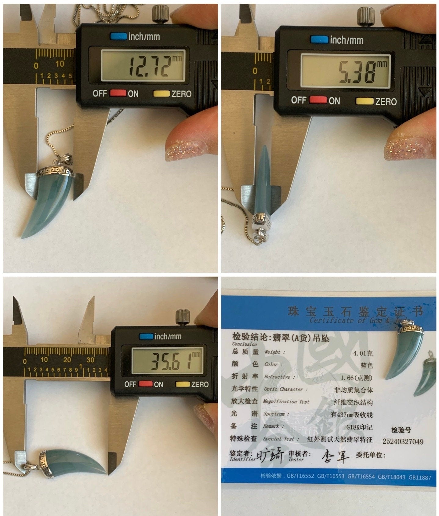 Certified Natural Guatemalan Icy Translucent Gelatinous Light Blue Marbled Jadeite Dragon Tooth Pendant 18K White Gold 天然缅甸老种冰胶淡蓝飘花翡翠龙牙镶嵌吊坠
