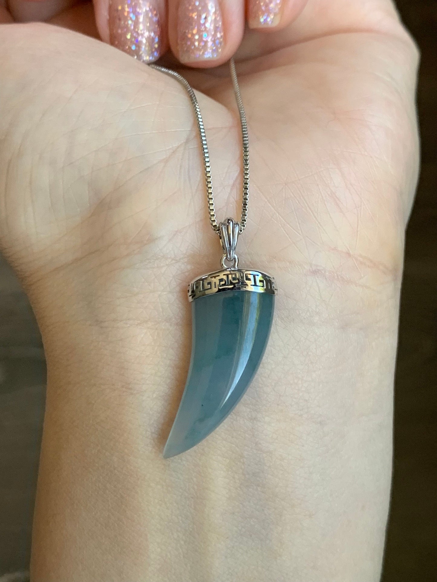 Certified Natural Guatemalan Icy Translucent Gelatinous Light Blue Marbled Jadeite Dragon Tooth Pendant 18K White Gold 天然缅甸老种冰胶淡蓝飘花翡翠龙牙镶嵌吊坠