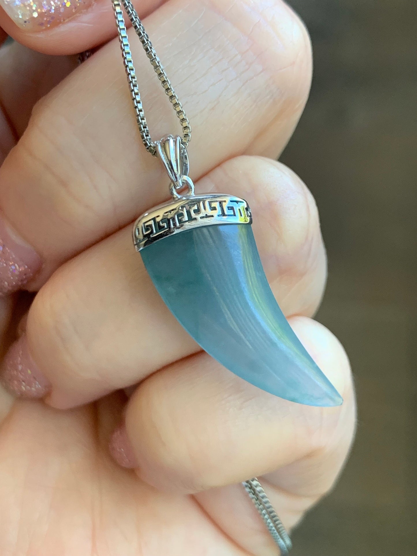 Certified Natural Guatemalan Icy Translucent Gelatinous Light Blue Marbled Jadeite Dragon Tooth Pendant 18K White Gold 天然缅甸老种冰胶淡蓝飘花翡翠龙牙镶嵌吊坠