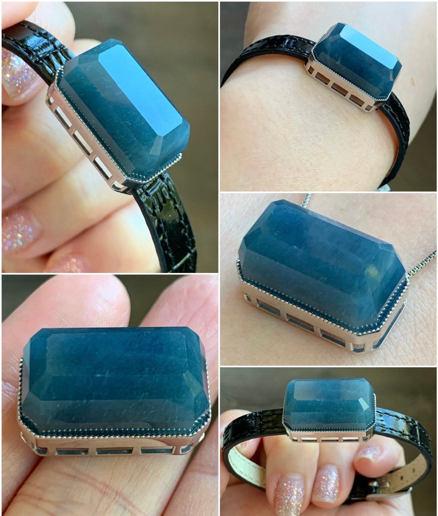 Certified Natural Guatemalan Icy Translucent Large Emerald Cut Blue Jeans Jadeite Bracelet Pendant 2-in-1 Sterling Silver 天然冰危牛仔蓝翡翠切割面镶嵌手牌吊坠