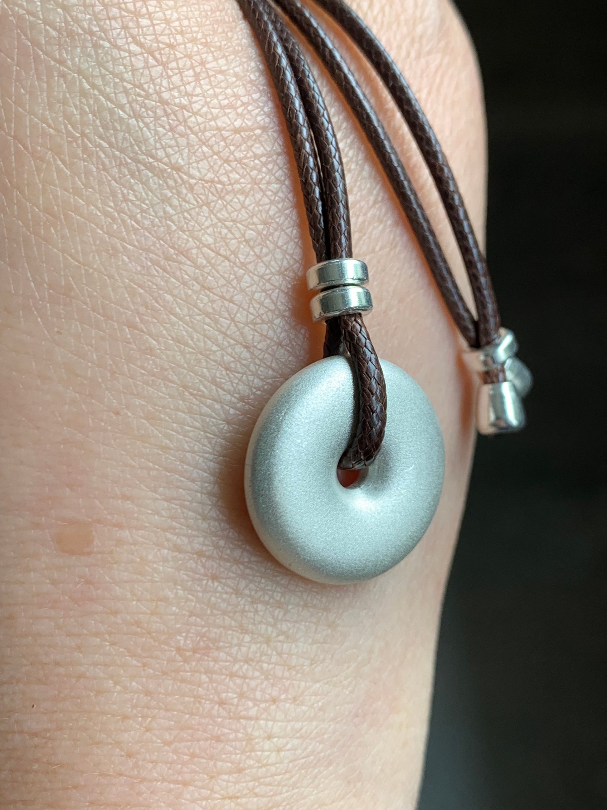 Solid 999 Sterling Silver Small Ping An Kou Donut Blessing Amulet Pendant on Brown Rope Necklace Adjustable 28” 12 grams 999足银平安扣吊坠